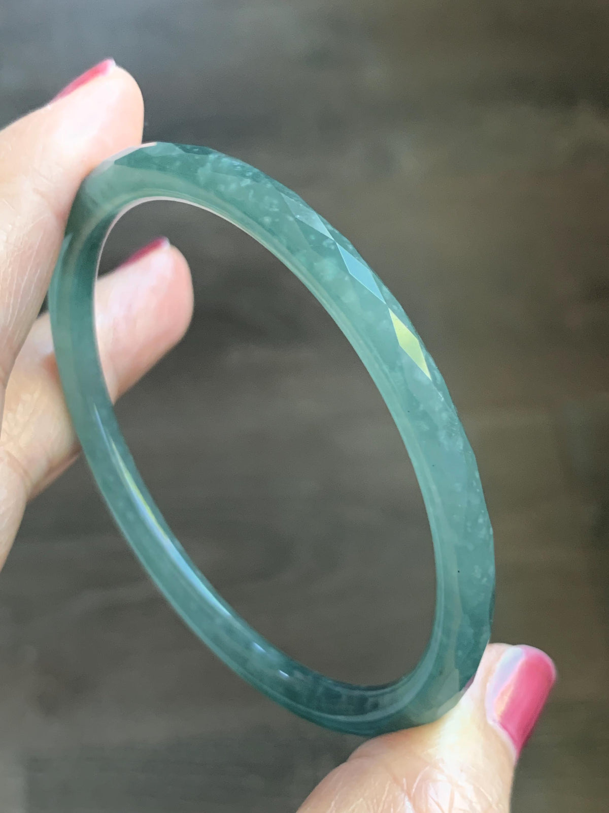 Certified Natural Grade A Guatemalan Icy Translucent Dusty Teal Jade Jadeite Diamond Faceted Slim Bangle 58mm 7.18” 16g 天然冰危蓝绿翡翠细圆条切割面手镯 923