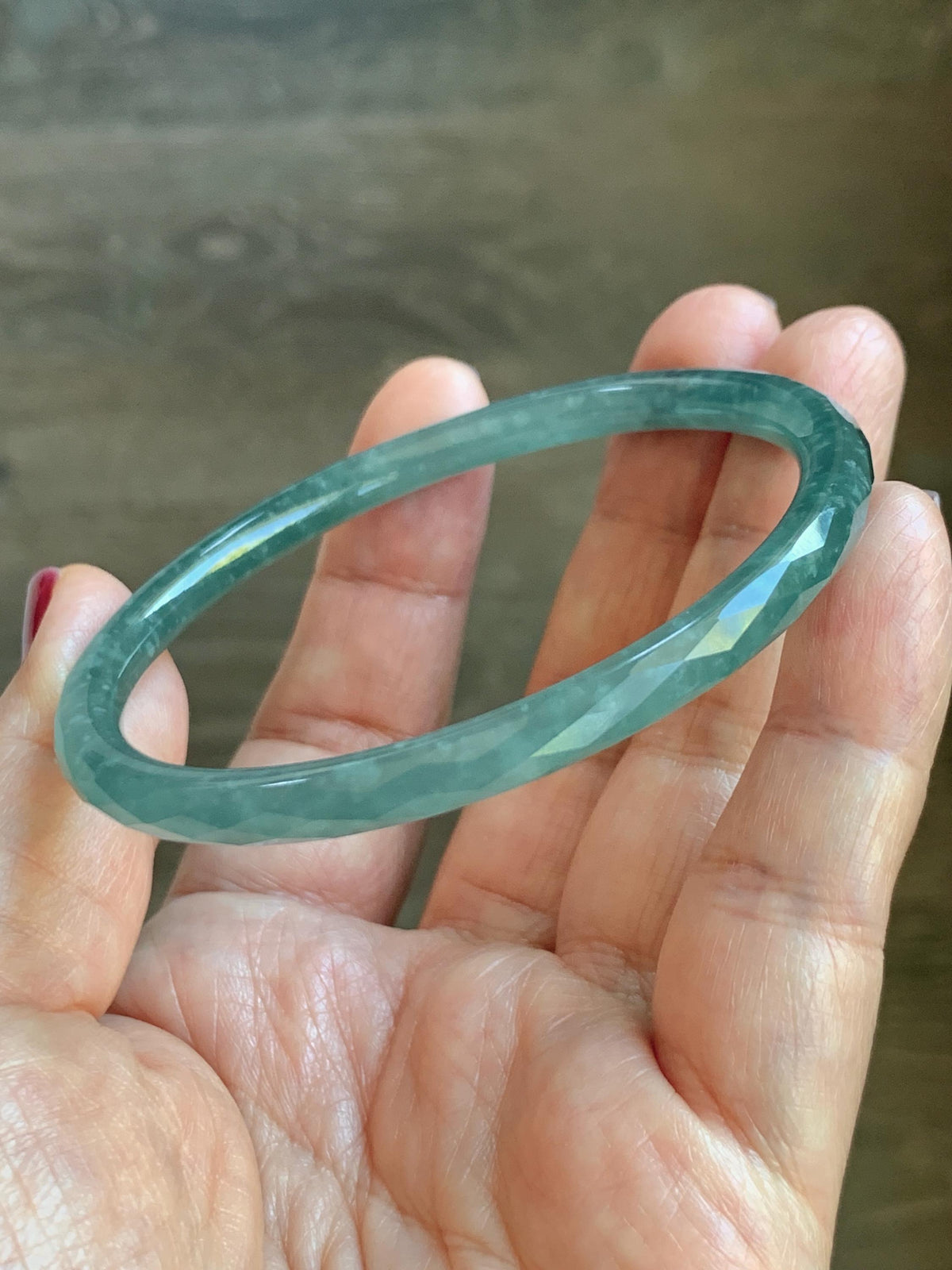 Certified Natural Grade A Guatemalan Icy Translucent Dusty Teal Jade Jadeite Diamond Faceted Slim Bangle 58mm 7.18” 16g 天然冰危蓝绿翡翠细圆条切割面手镯 923