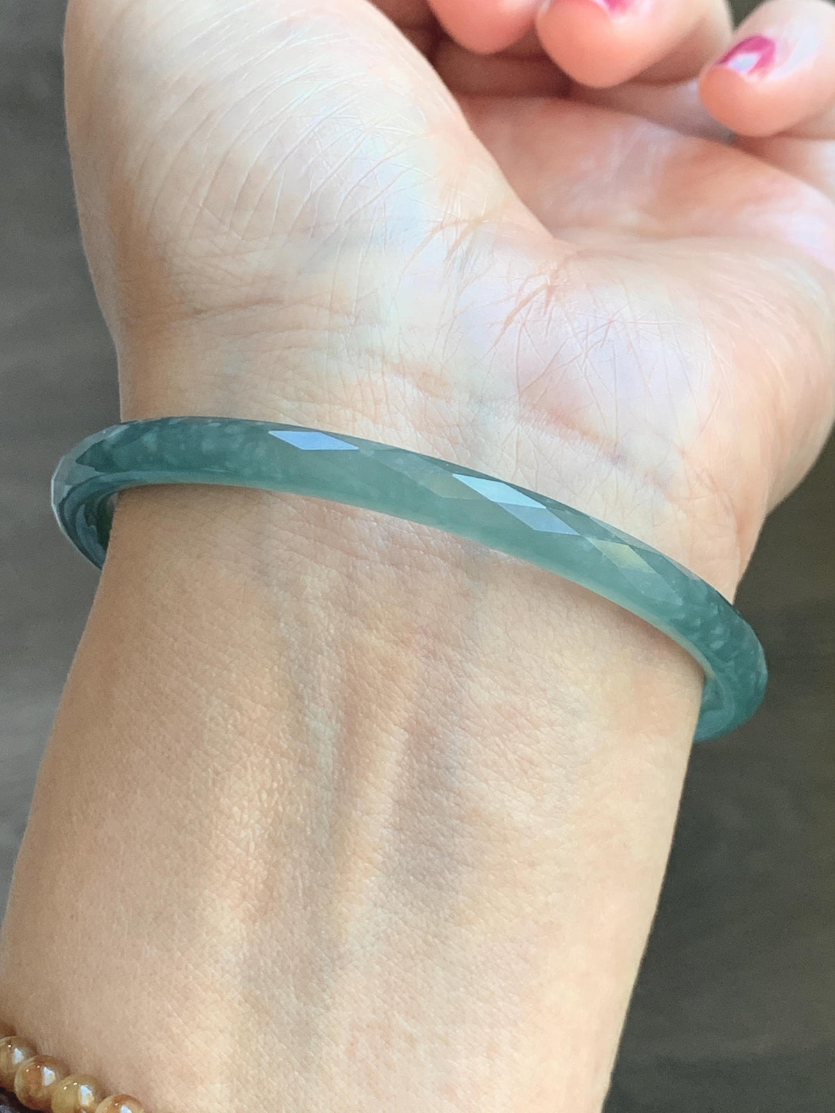 Certified Natural Grade A Guatemalan Icy Translucent Dusty Teal Jade Jadeite Diamond Faceted Slim Bangle 58mm 7.18” 16g 天然冰危蓝绿翡翠细圆条切割面手镯 923