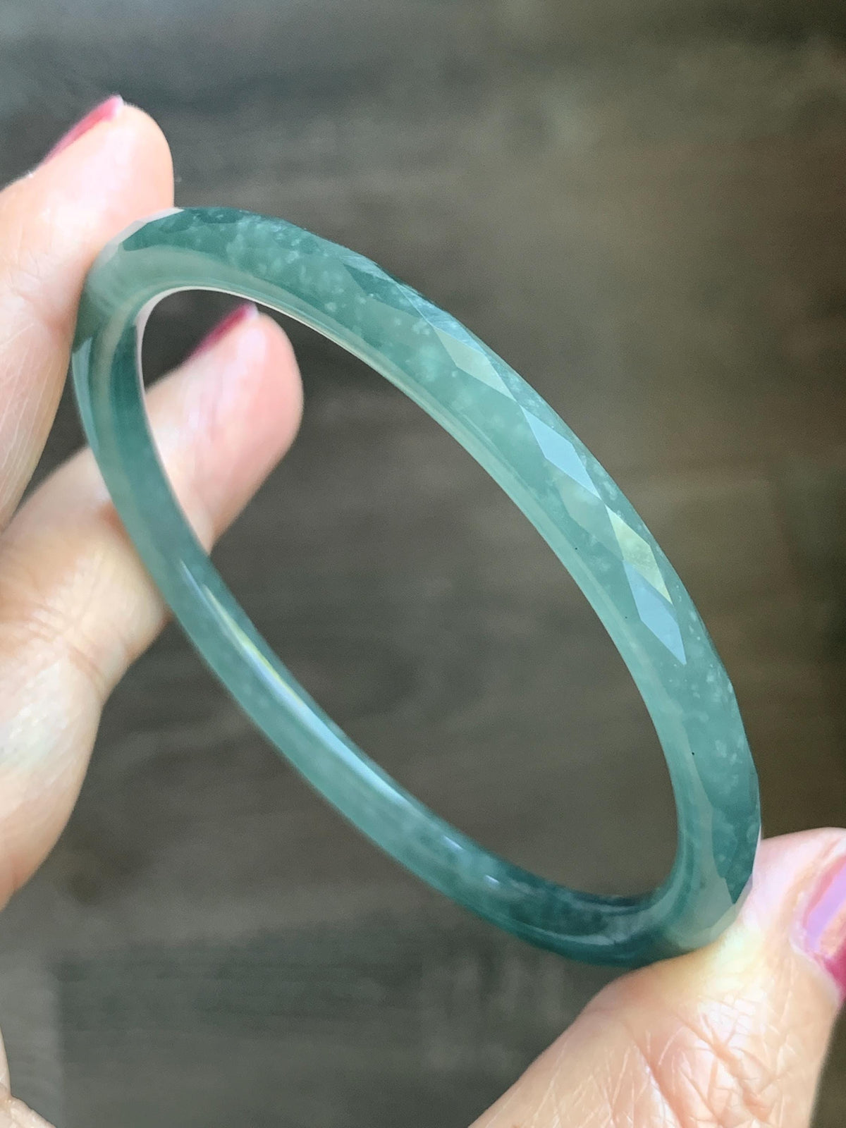 Certified Natural Grade A Guatemalan Icy Translucent Dusty Teal Jade Jadeite Diamond Faceted Slim Bangle 58mm 7.18” 16g 天然冰危蓝绿翡翠细圆条切割面手镯 923