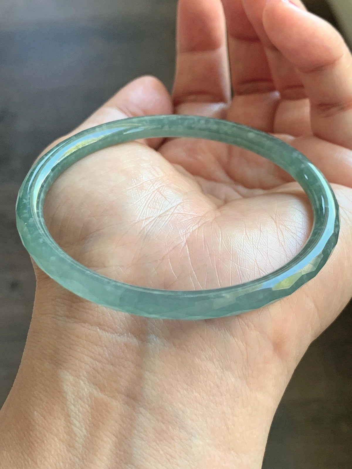 Certified Natural Grade A Guatemalan Icy Translucent Dusty Teal Jade Jadeite Diamond Faceted Slim Bangle 58mm 7.19” 16g 天然冰危蓝绿翡翠细圆条切割面手镯 924