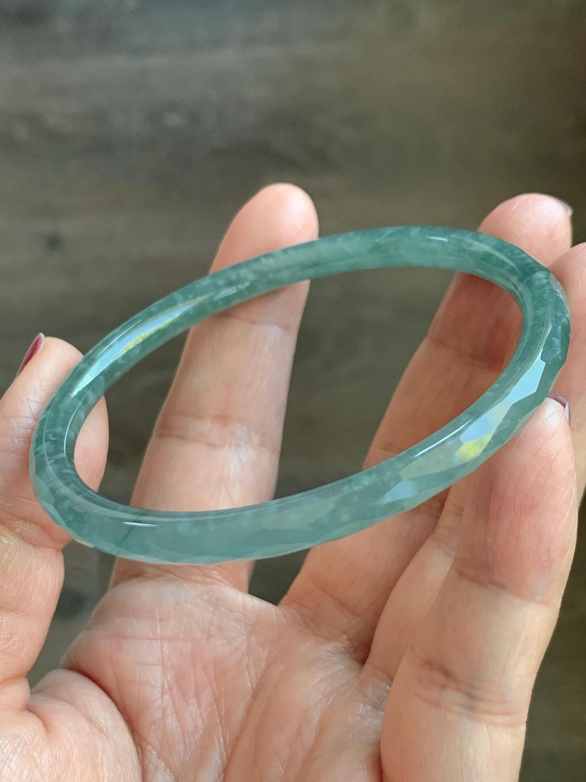 Certified Natural Grade A Guatemalan Icy Translucent Dusty Teal Jade Jadeite Diamond Faceted Slim Bangle 58mm 7.19” 16g 天然冰危蓝绿翡翠细圆条切割面手镯 924