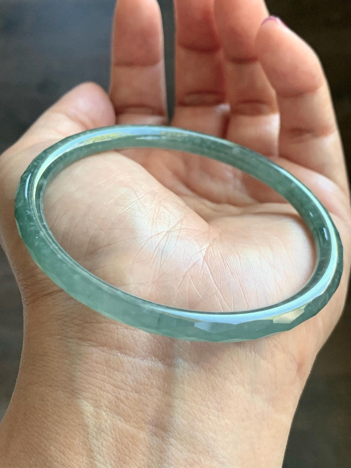 Certified Natural Grade A Guatemalan Icy Translucent Dusty Teal Jade Jadeite Diamond Faceted Slim Bangle 58mm 7.19” 16g 天然冰危蓝绿翡翠细圆条切割面手镯 924