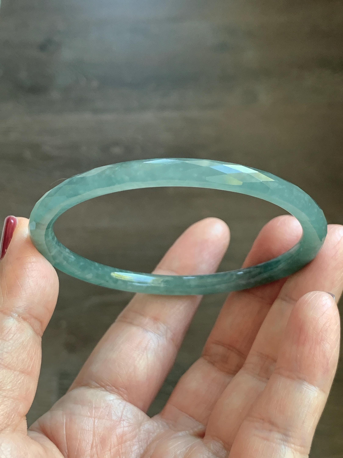 Certified Natural Grade A Guatemalan Icy Translucent Dusty Teal Jade Jadeite Diamond Faceted Slim Bangle 58mm 7.19” 16g 天然冰危蓝绿翡翠细圆条切割面手镯 924