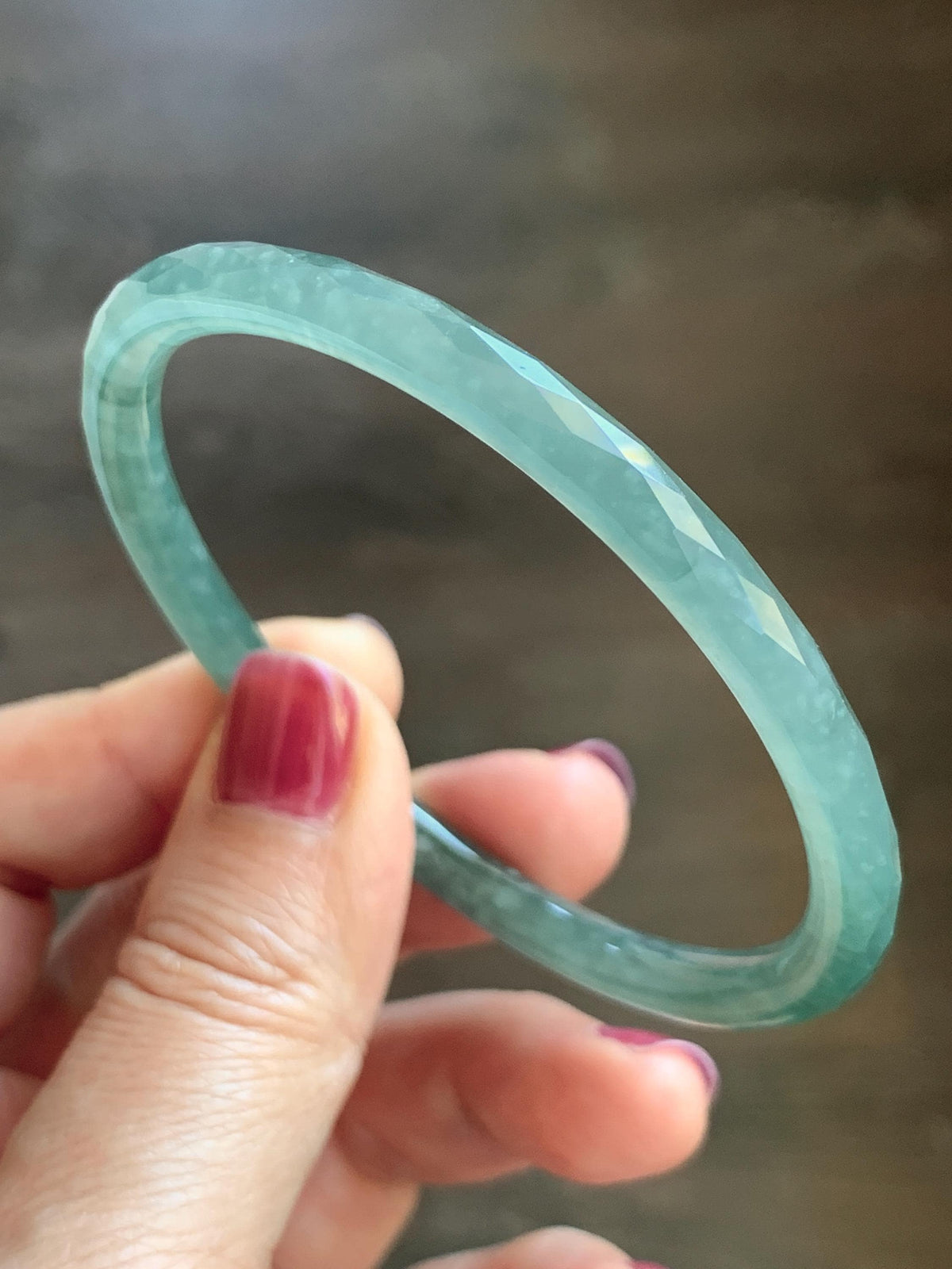 Certified Natural Grade A Guatemalan Icy Translucent Dusty Teal Jade Jadeite Diamond Faceted Slim Bangle 58mm 7.19” 16g 天然冰危蓝绿翡翠细圆条切割面手镯 924