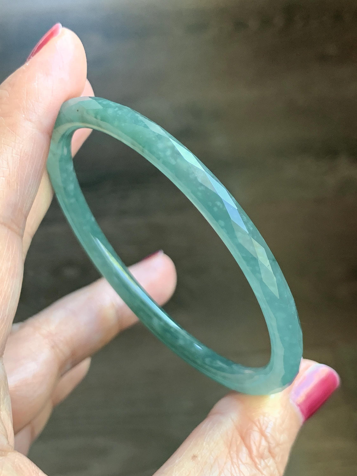 Certified Natural Grade A Guatemalan Icy Translucent Dusty Teal Jade Jadeite Diamond Faceted Slim Bangle 58mm 7.19” 16g 天然冰危蓝绿翡翠细圆条切割面手镯 924