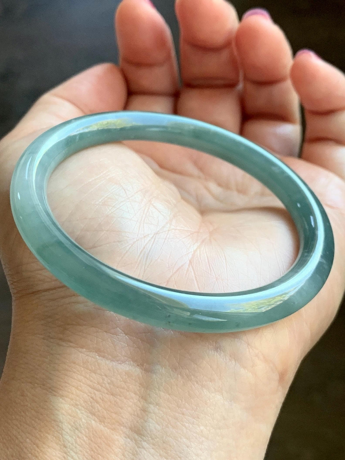 Certified Natural Grade A Guatemalan Icy Translucent Dusty Teal Green Jade Jadeite Bangle Bracelet 54.4mm 6.73” 26g 天然冰危蓝绿翡翠圆条手镯 983