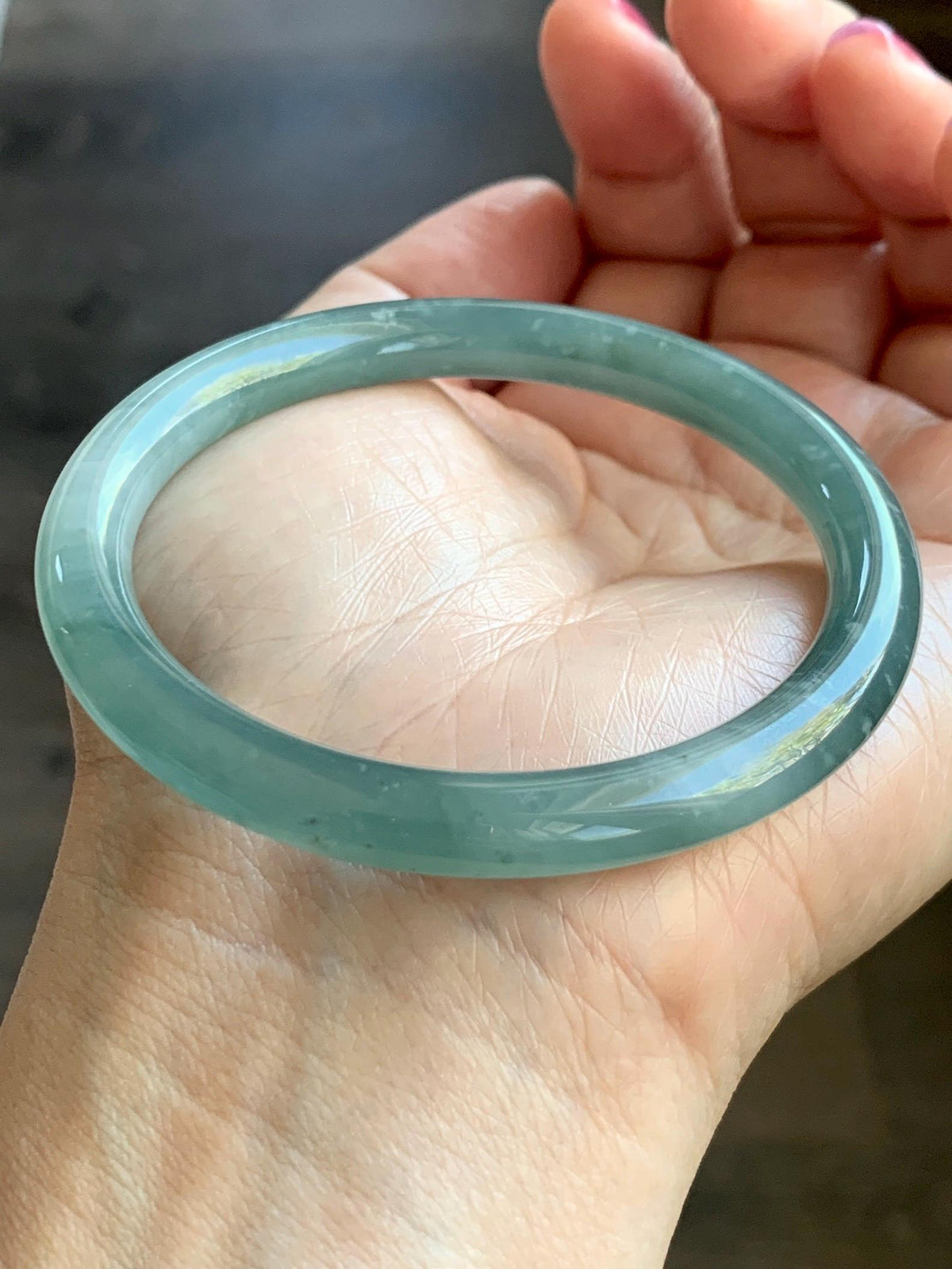 Certified Natural Grade A Guatemalan Icy Translucent Dusty Teal Green Jade Jadeite Bangle Bracelet 54.4mm 6.73” 26g 天然冰危蓝绿翡翠圆条手镯 983