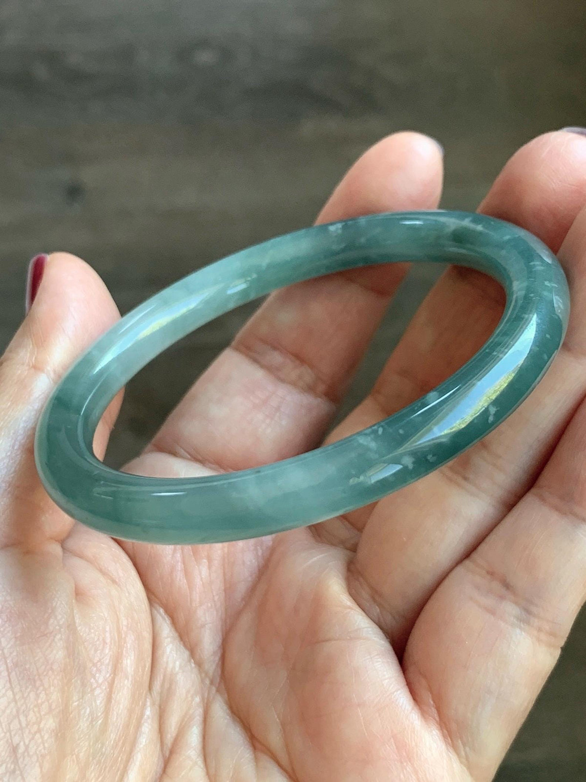 Certified Natural Grade A Guatemalan Icy Translucent Dusty Teal Green Jade Jadeite Bangle Bracelet 54.4mm 6.73” 26g 天然冰危蓝绿翡翠圆条手镯 983