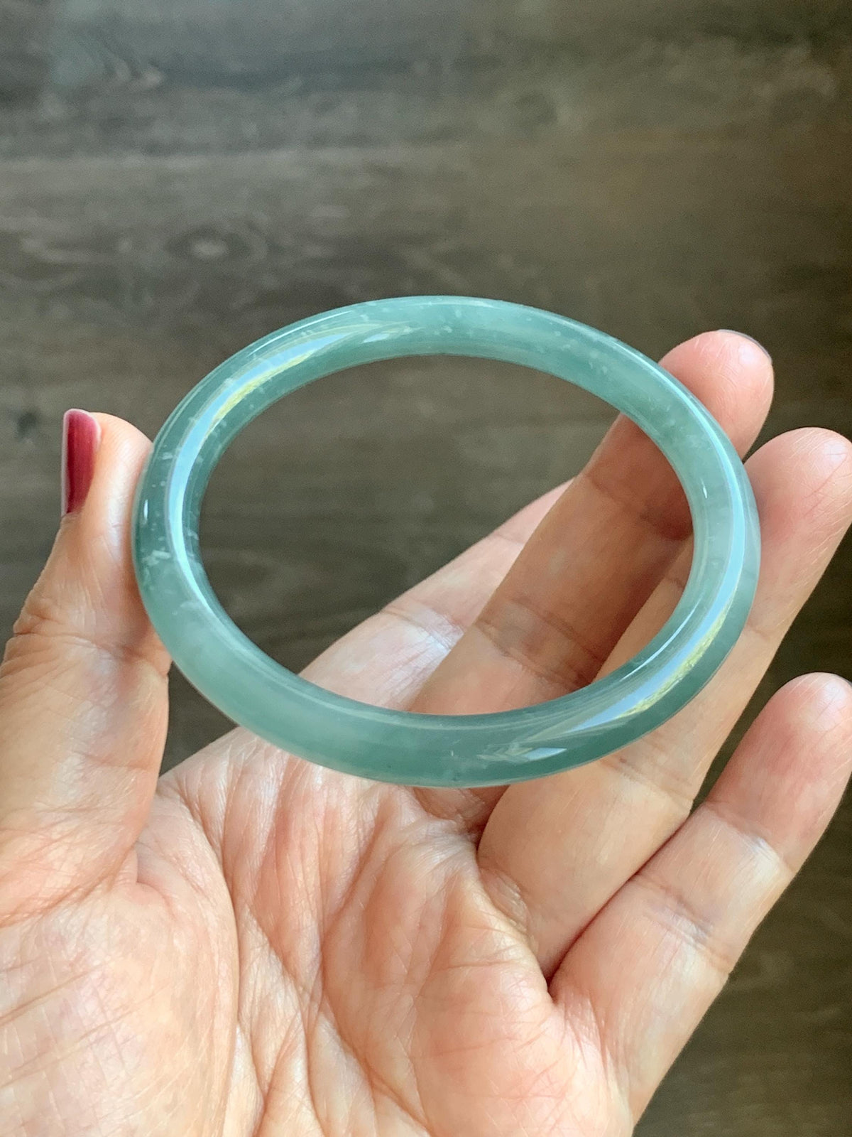 Certified Natural Grade A Guatemalan Icy Translucent Dusty Teal Green Jade Jadeite Bangle Bracelet 54.4mm 6.73” 26g 天然冰危蓝绿翡翠圆条手镯 983