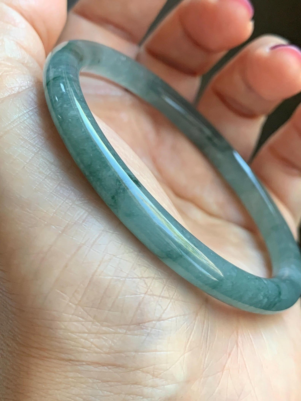 Certified Natural Grade A Guatemalan Icy Translucent Dusty Teal Green Jade Jadeite Bangle Bracelet 58.5mm 7.24” 25g 天然冰危蓝绿翡翠圆条手镯 982