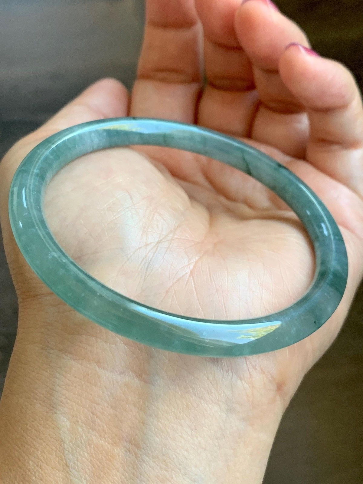 Certified Natural Grade A Guatemalan Icy Translucent Dusty Teal Green Jade Jadeite Bangle Bracelet 58.5mm 7.24” 25g 天然冰危蓝绿翡翠圆条手镯 982