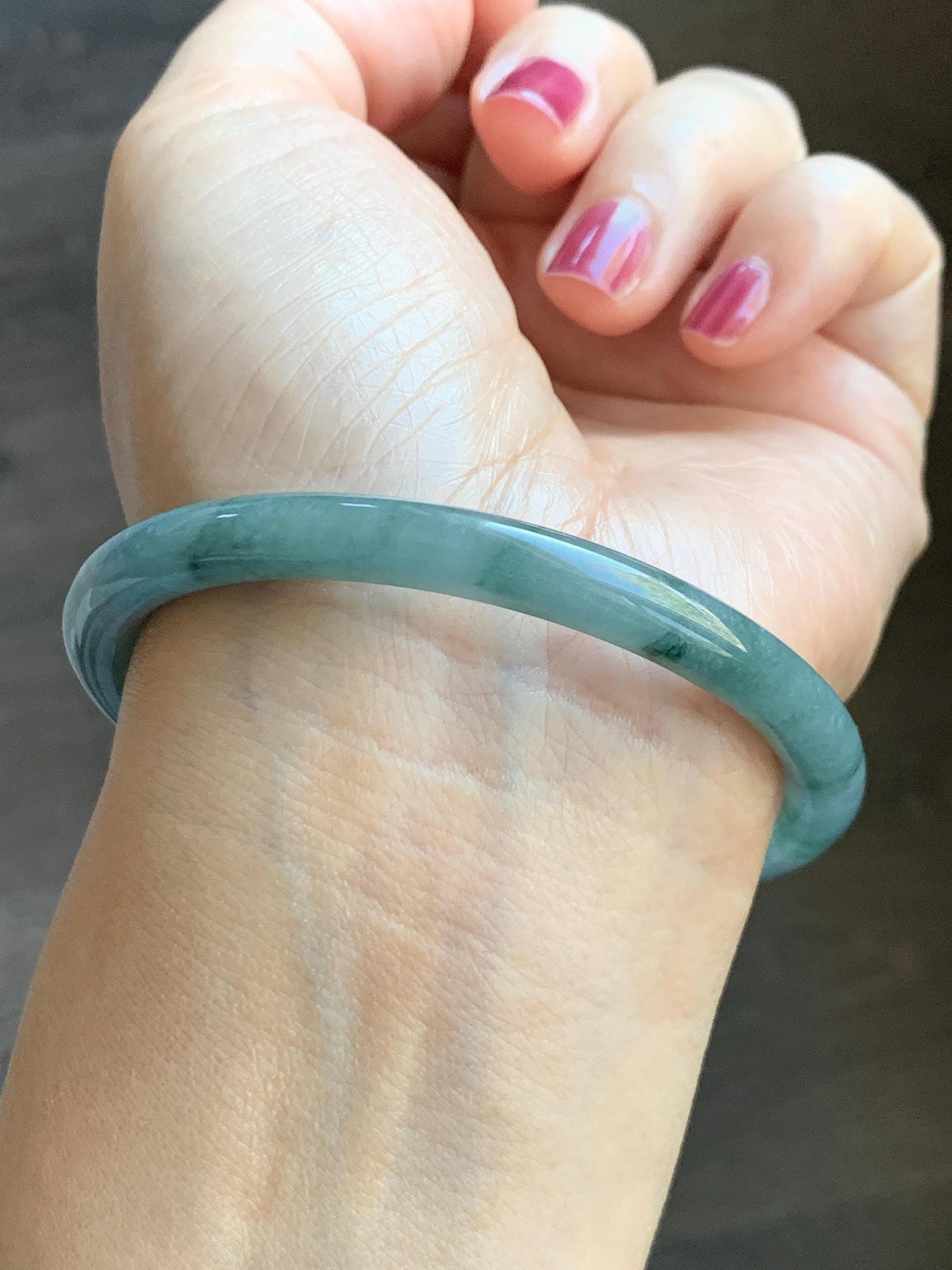 Certified Natural Grade A Guatemalan Icy Translucent Dusty Teal Green Jade Jadeite Bangle Bracelet 58.5mm 7.24” 25g 天然冰危蓝绿翡翠圆条手镯 982