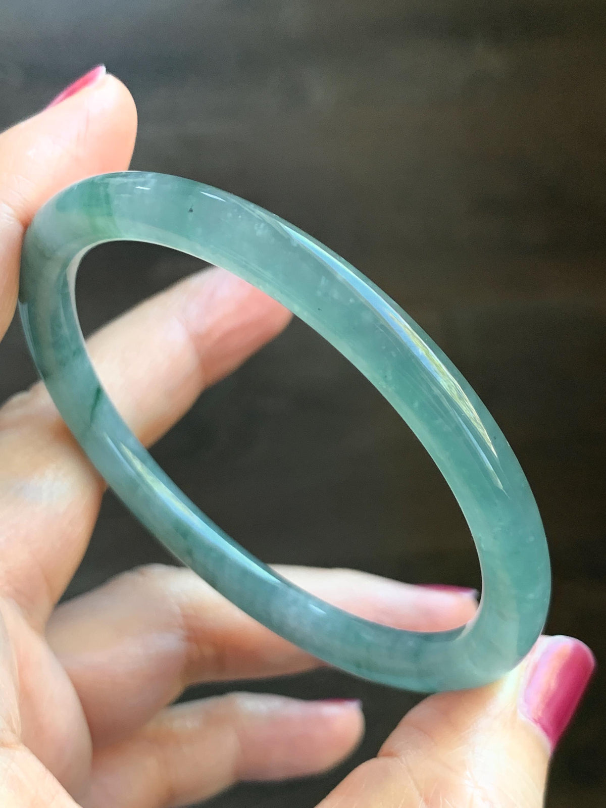Certified Natural Grade A Guatemalan Icy Translucent Dusty Teal Green Jade Jadeite Bangle Bracelet 58.5mm 7.24” 25g 天然冰危蓝绿翡翠圆条手镯 982