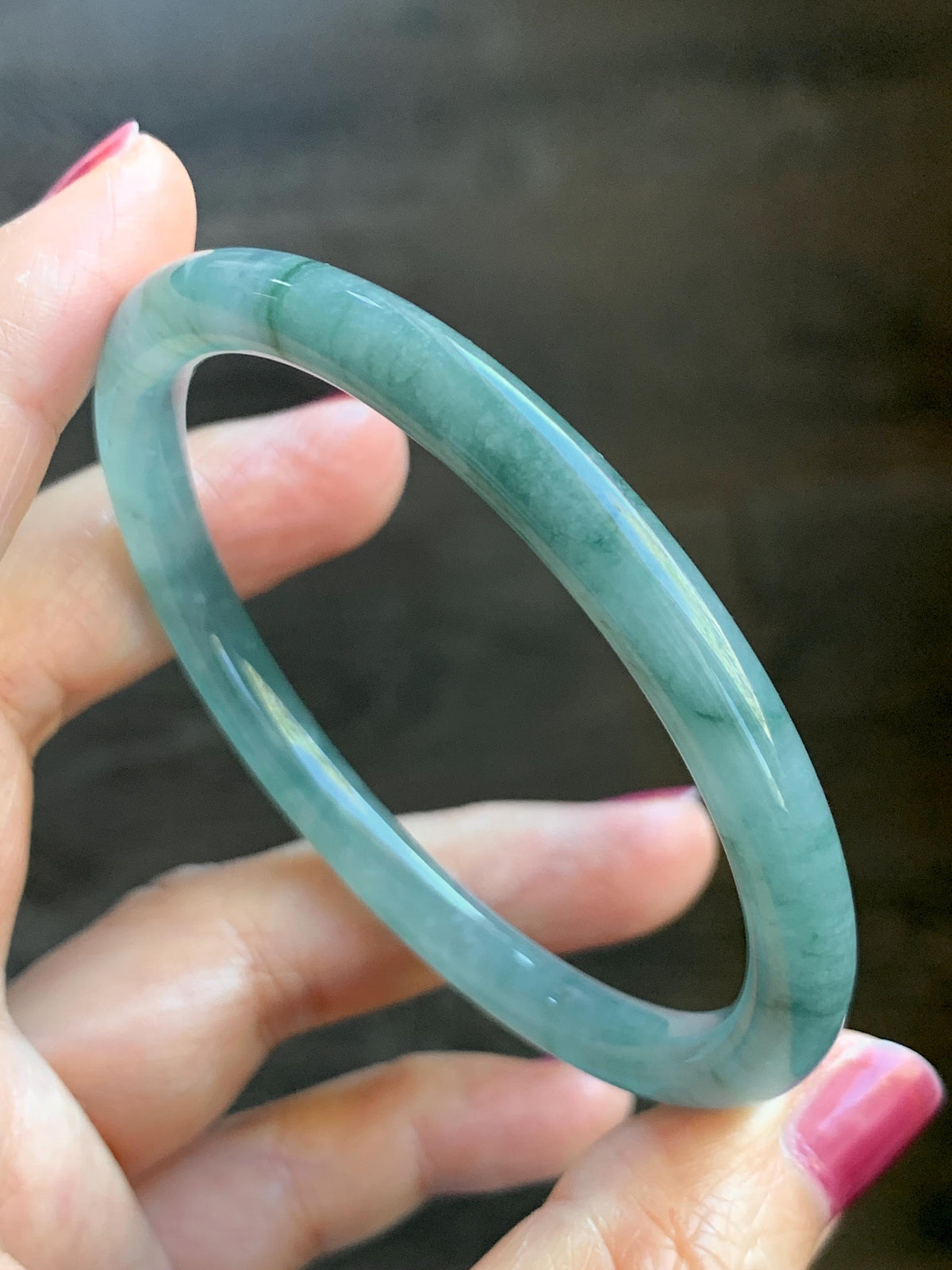Certified Natural Grade A Guatemalan Icy Translucent Dusty Teal Green Jade Jadeite Bangle Bracelet 58.5mm 7.24” 25g 天然冰危蓝绿翡翠圆条手镯 982