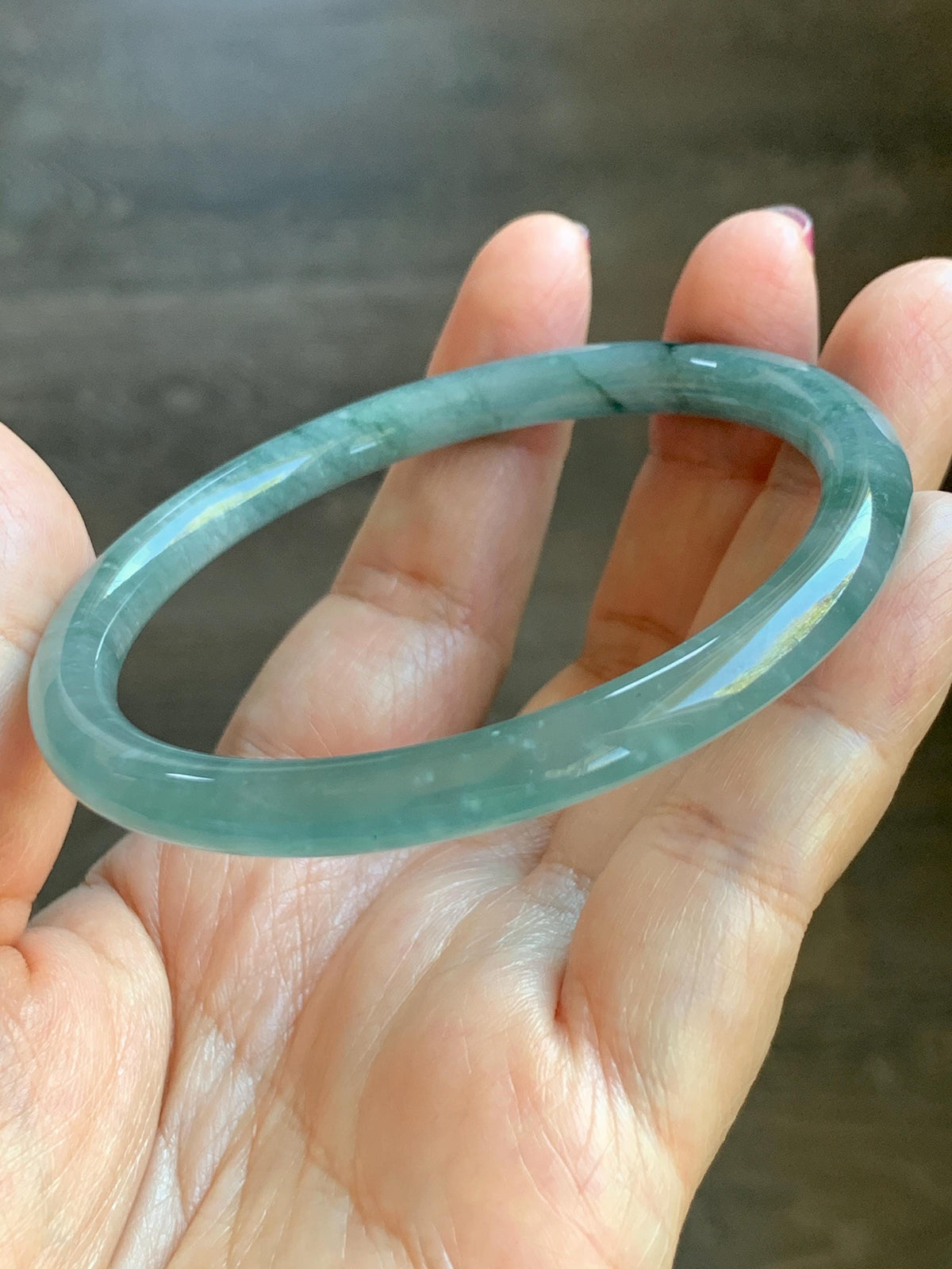 Certified Natural Grade A Guatemalan Icy Translucent Dusty Teal Green Jade Jadeite Bangle Bracelet 58.5mm 7.24” 25g 天然冰危蓝绿翡翠圆条手镯 982