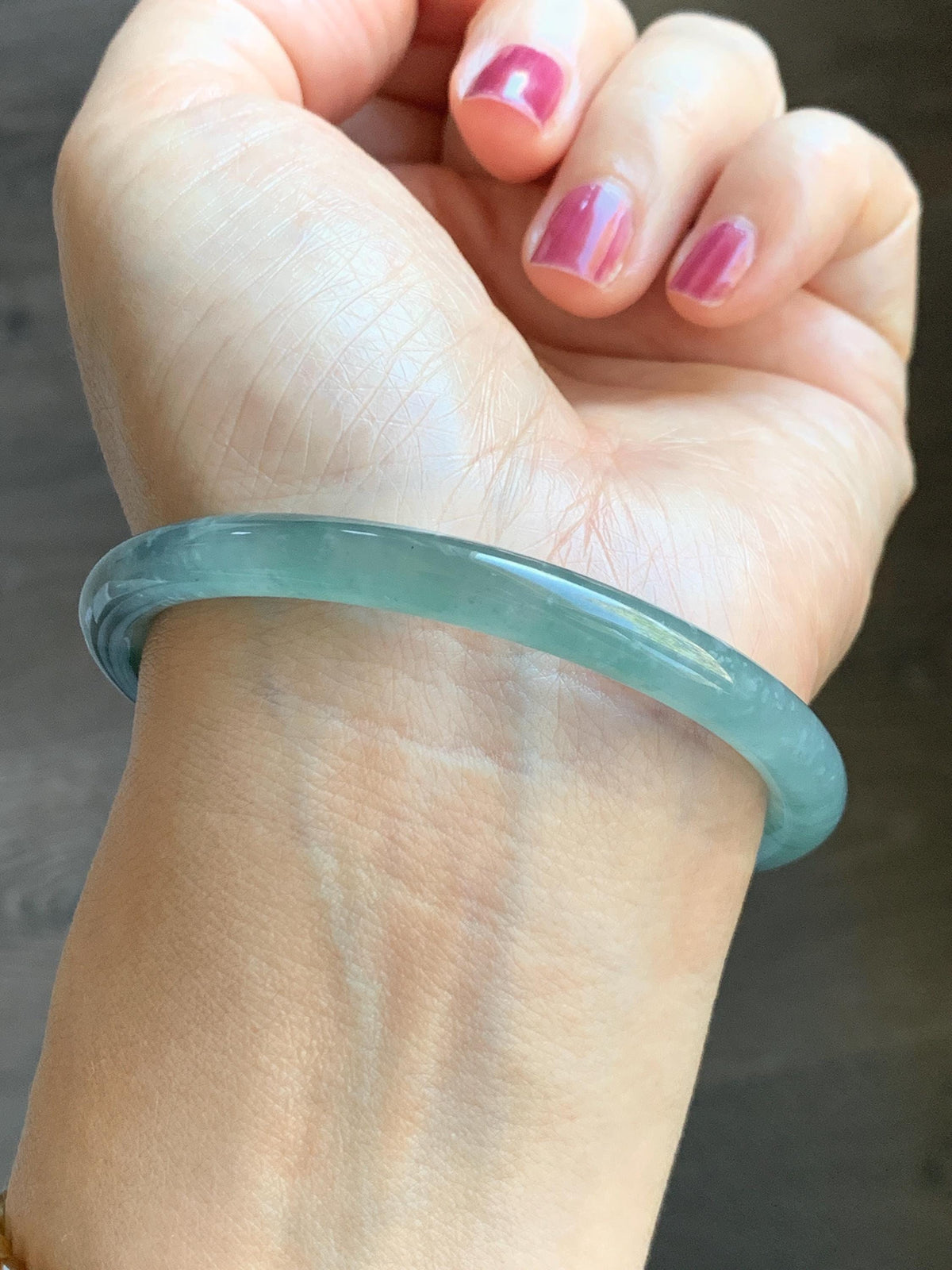Certified Natural Grade A Guatemalan Icy Translucent Dusty Teal Green Jade Jadeite Bangle Bracelet 58.5mm 7.24” 25g 天然冰危蓝绿翡翠圆条手镯 982
