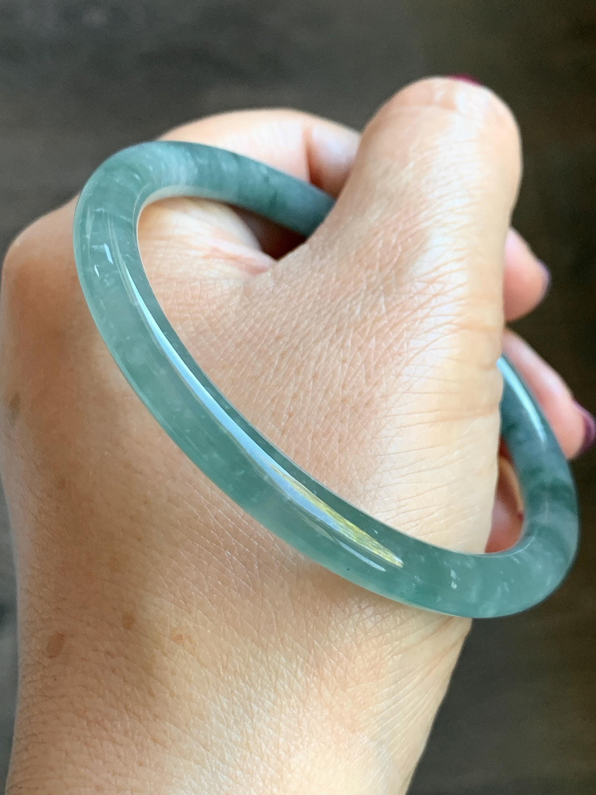 Certified Natural Grade A Guatemalan Icy Translucent Dusty Teal Green Jade Jadeite Bangle Bracelet 58.5mm 7.24” 25g 天然冰危蓝绿翡翠圆条手镯 982