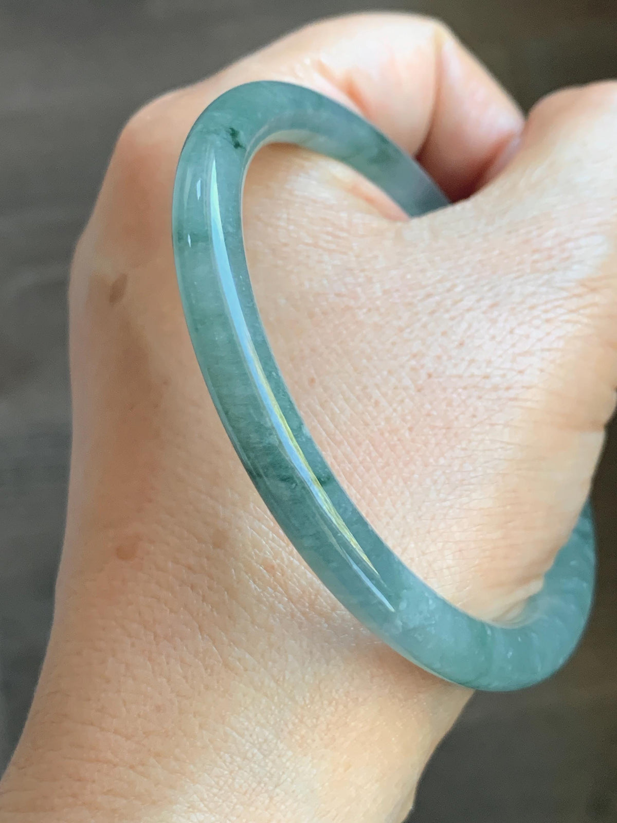 Certified Natural Grade A Guatemalan Icy Translucent Dusty Teal Green Jade Jadeite Bangle Bracelet 58.5mm 7.24” 25g 天然冰危蓝绿翡翠圆条手镯 982