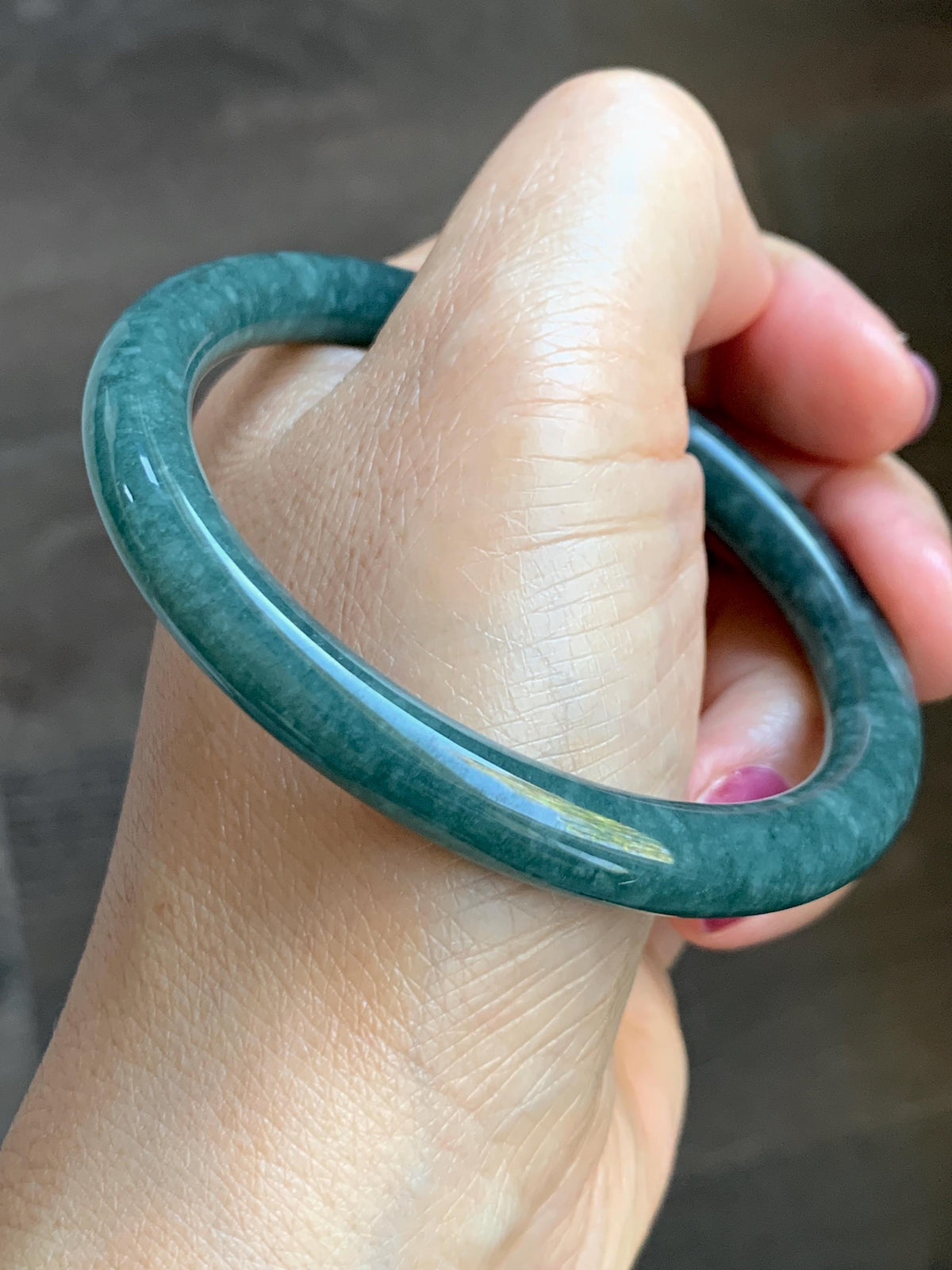 Certified Natural Grade A Guatemalan Icy Translucent Dark Dusty Blue Jade Jadeite Bangle Bracelet 57.5 mm 7.11” 34g 天然冰危深蓝翡翠圆条手镯 975