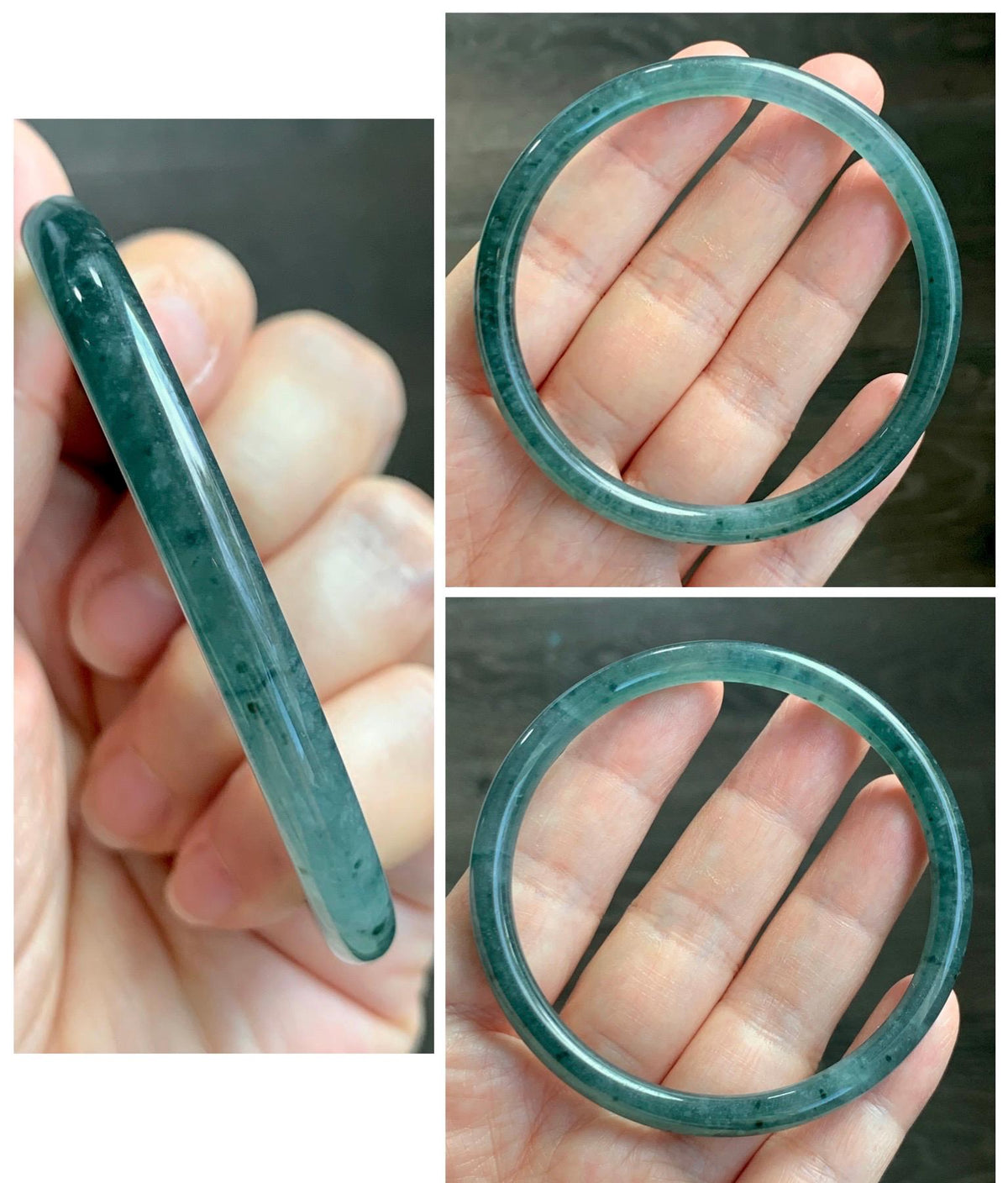 Certified Natural Grade A Guatemalan Icy Translucent Dark Teal Green Jade Jadeite Slim Bangle 58.08mm 7.18” 18.12g 天然冰胶危深蓝绿翡翠细圆条手镯 988