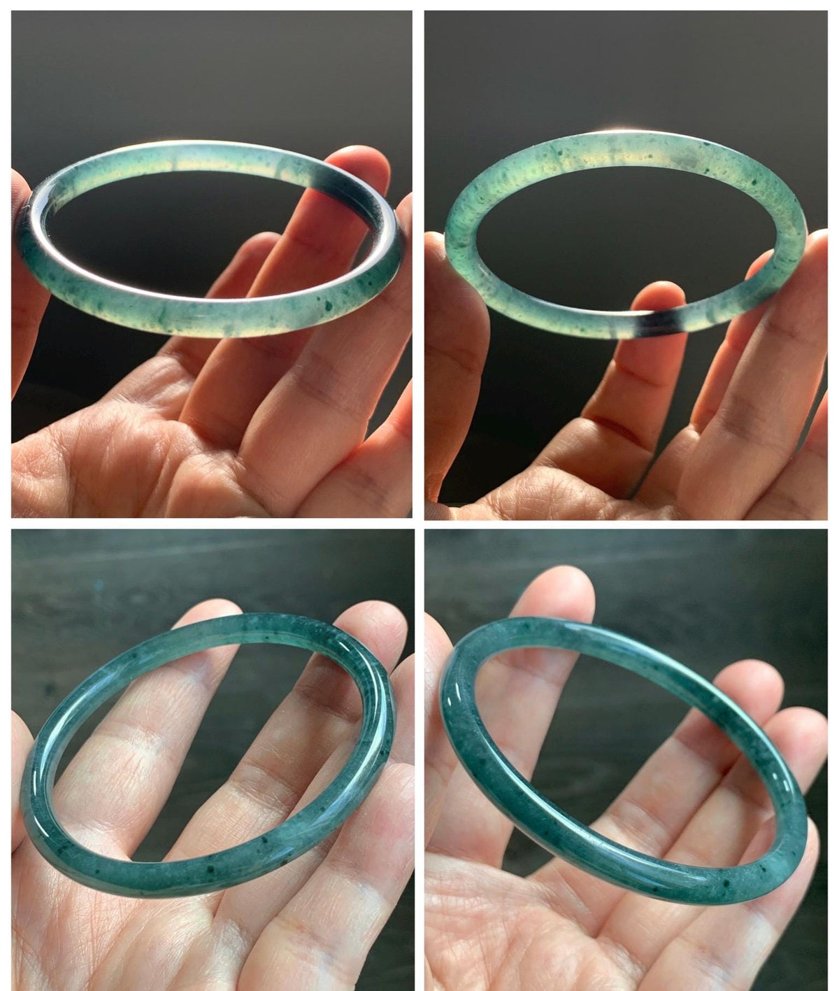 Certified Natural Grade A Guatemalan Icy Translucent Dark Teal Green Jade Jadeite Slim Bangle 58.08mm 7.18” 18.12g 天然冰胶危深蓝绿翡翠细圆条手镯 988
