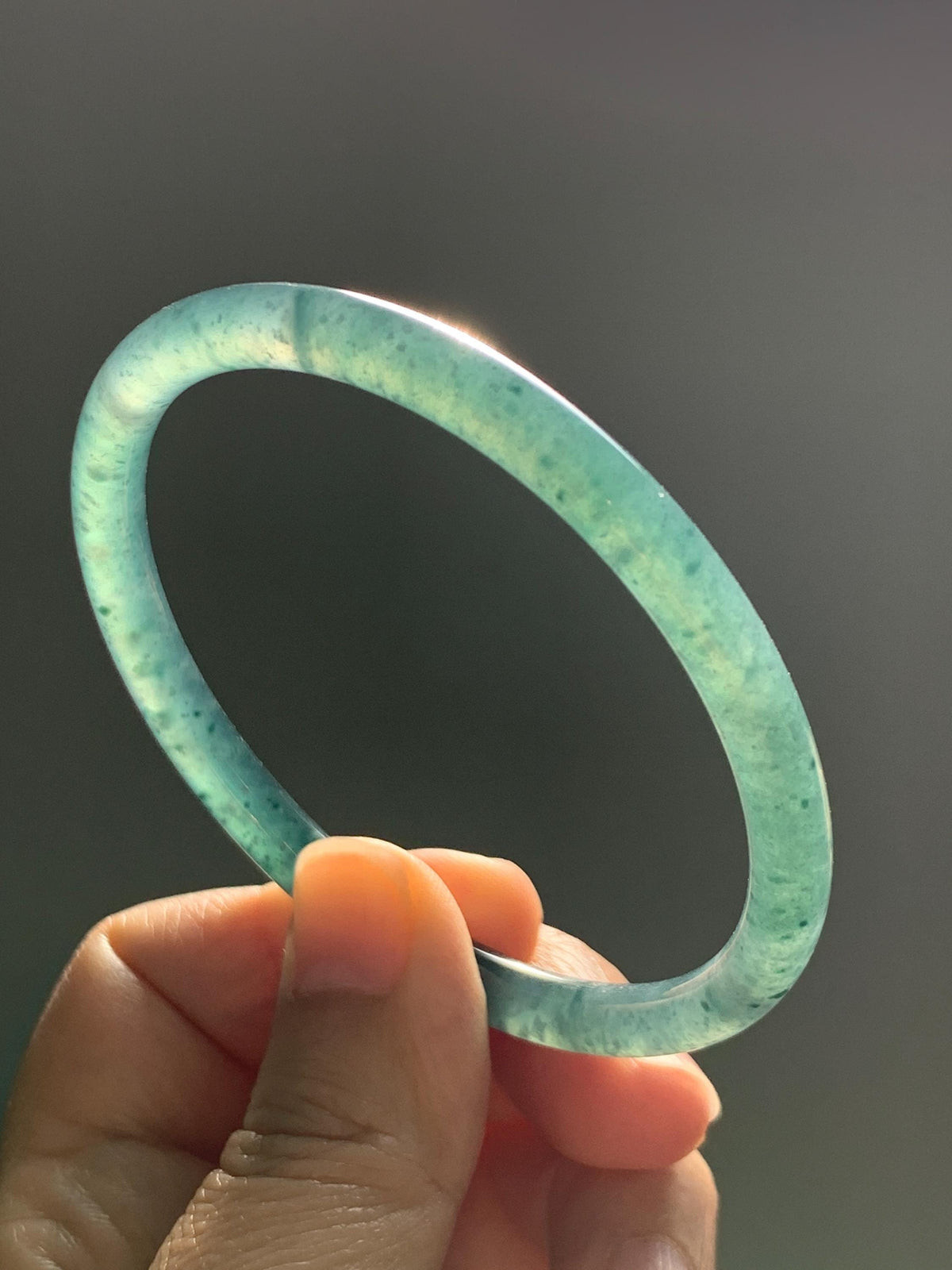 Certified Natural Grade A Guatemalan Icy Translucent Dark Teal Green Jade Jadeite Slim Bangle 58.08mm 7.18” 18.12g 天然冰胶危深蓝绿翡翠细圆条手镯 988
