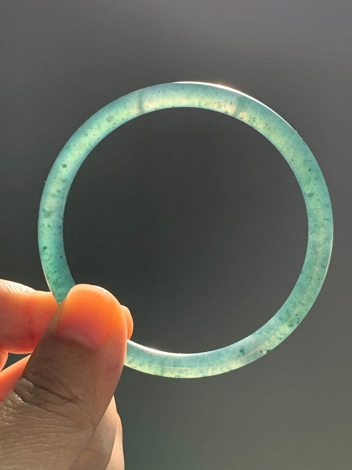 Certified Natural Grade A Guatemalan Icy Translucent Dark Teal Green Jade Jadeite Slim Bangle 58.08mm 7.18” 18.12g 天然冰胶危深蓝绿翡翠细圆条手镯 988