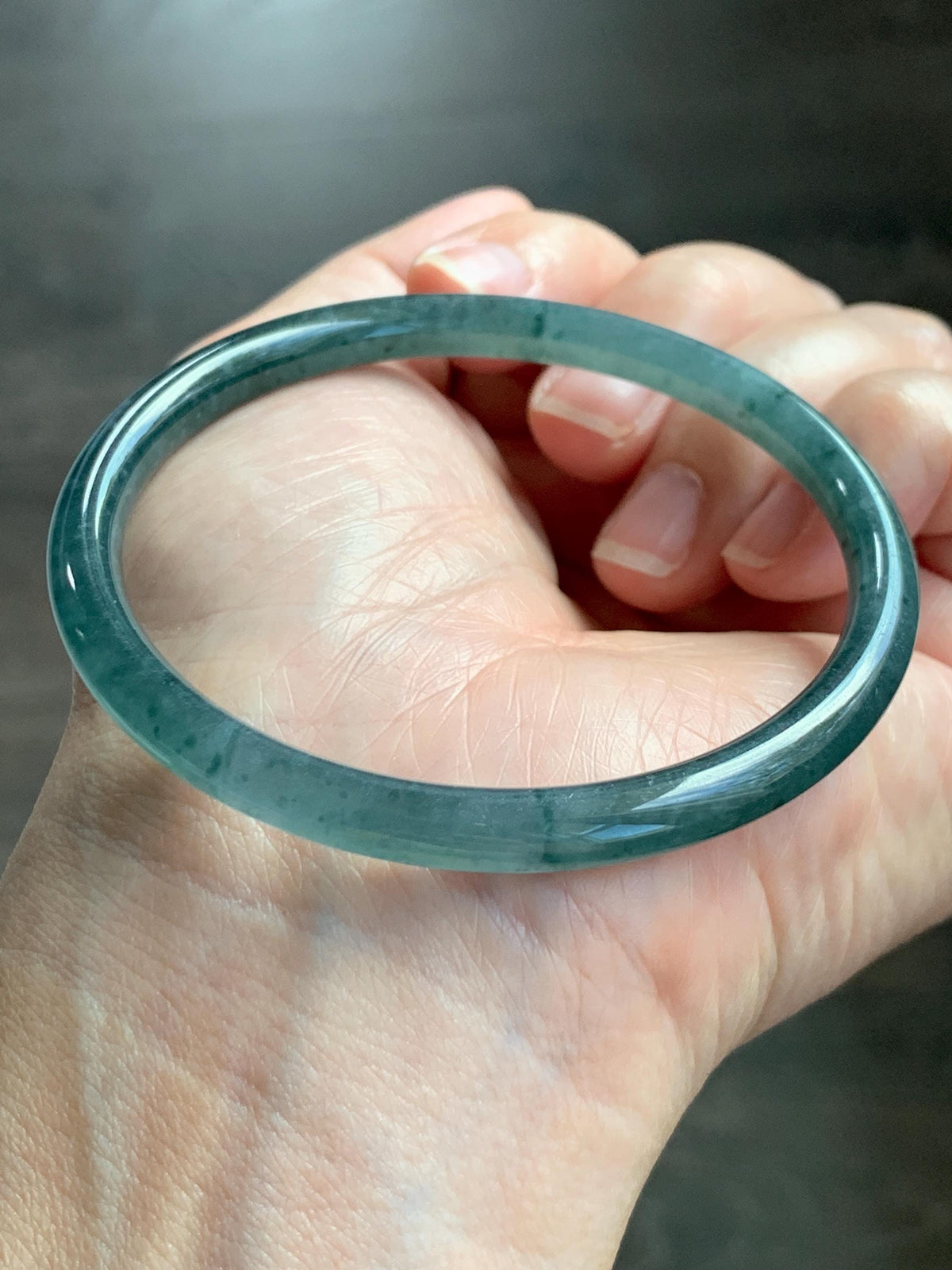 Certified Natural Grade A Guatemalan Icy Translucent Dark Teal Green Jade Jadeite Slim Bangle 58.08mm 7.18” 18.12g 天然冰胶危深蓝绿翡翠细圆条手镯 988