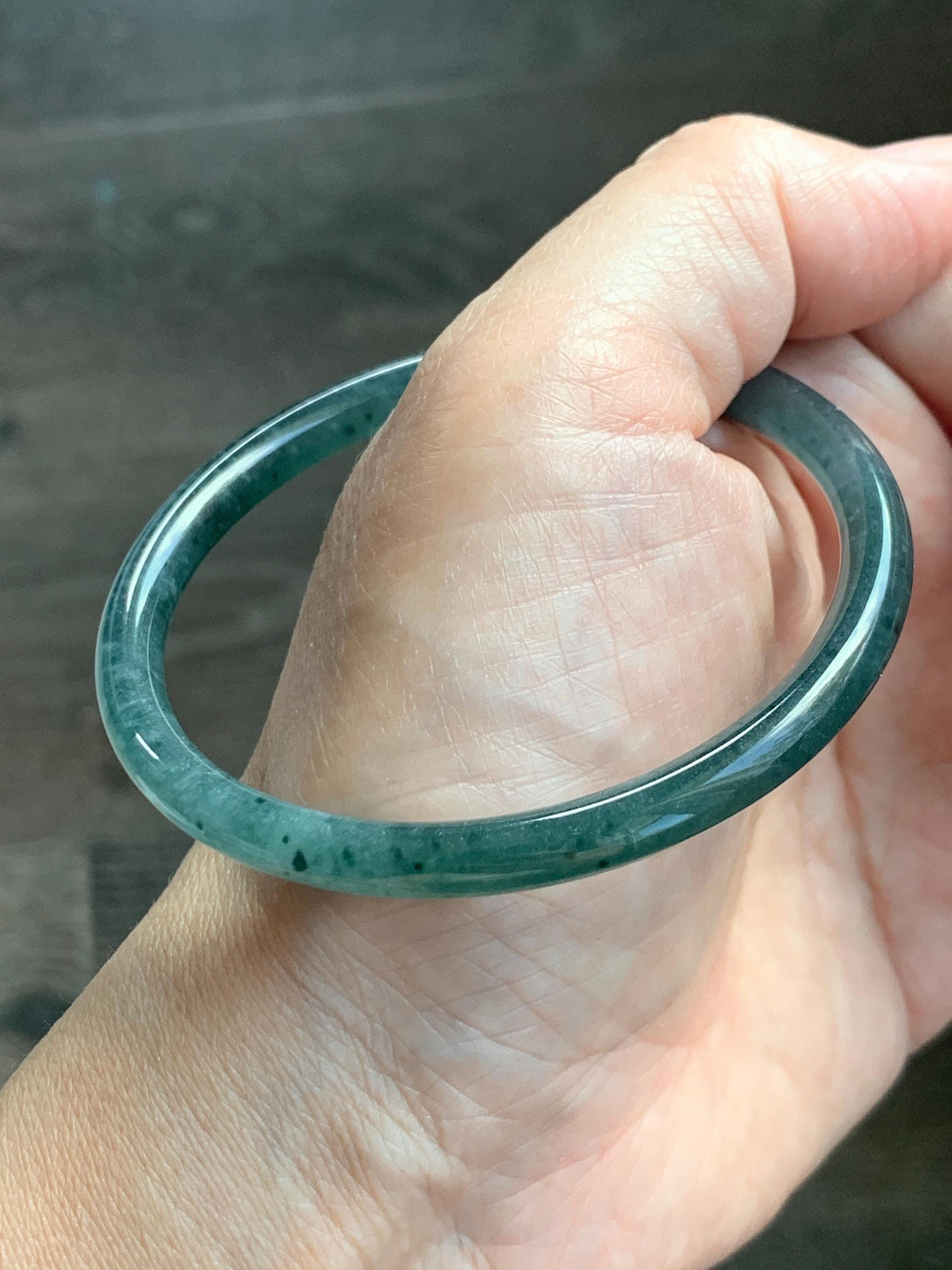 Certified Natural Grade A Guatemalan Icy Translucent Dark Teal Green Jade Jadeite Slim Bangle 58.08mm 7.18” 18.12g 天然冰胶危深蓝绿翡翠细圆条手镯 988