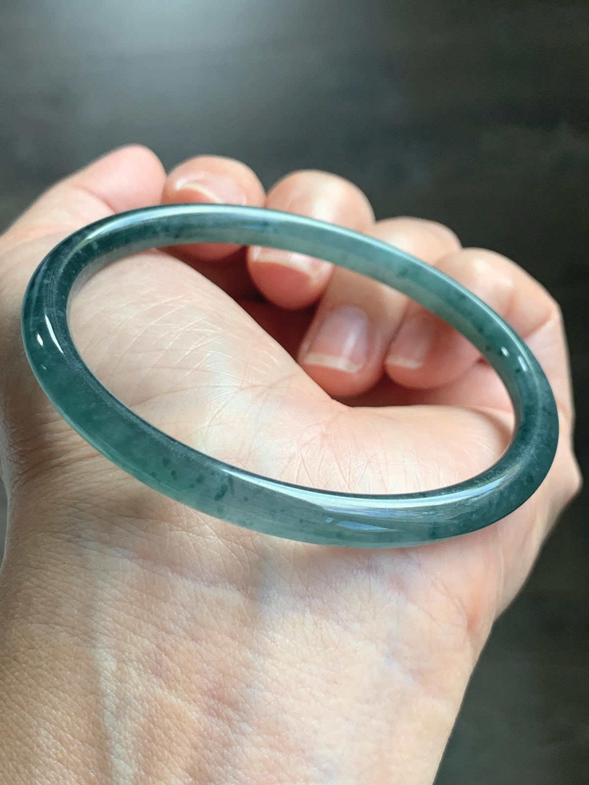 Certified Natural Grade A Guatemalan Icy Translucent Dark Teal Green Jade Jadeite Slim Bangle 58.08mm 7.18” 18.12g 天然冰胶危深蓝绿翡翠细圆条手镯 988