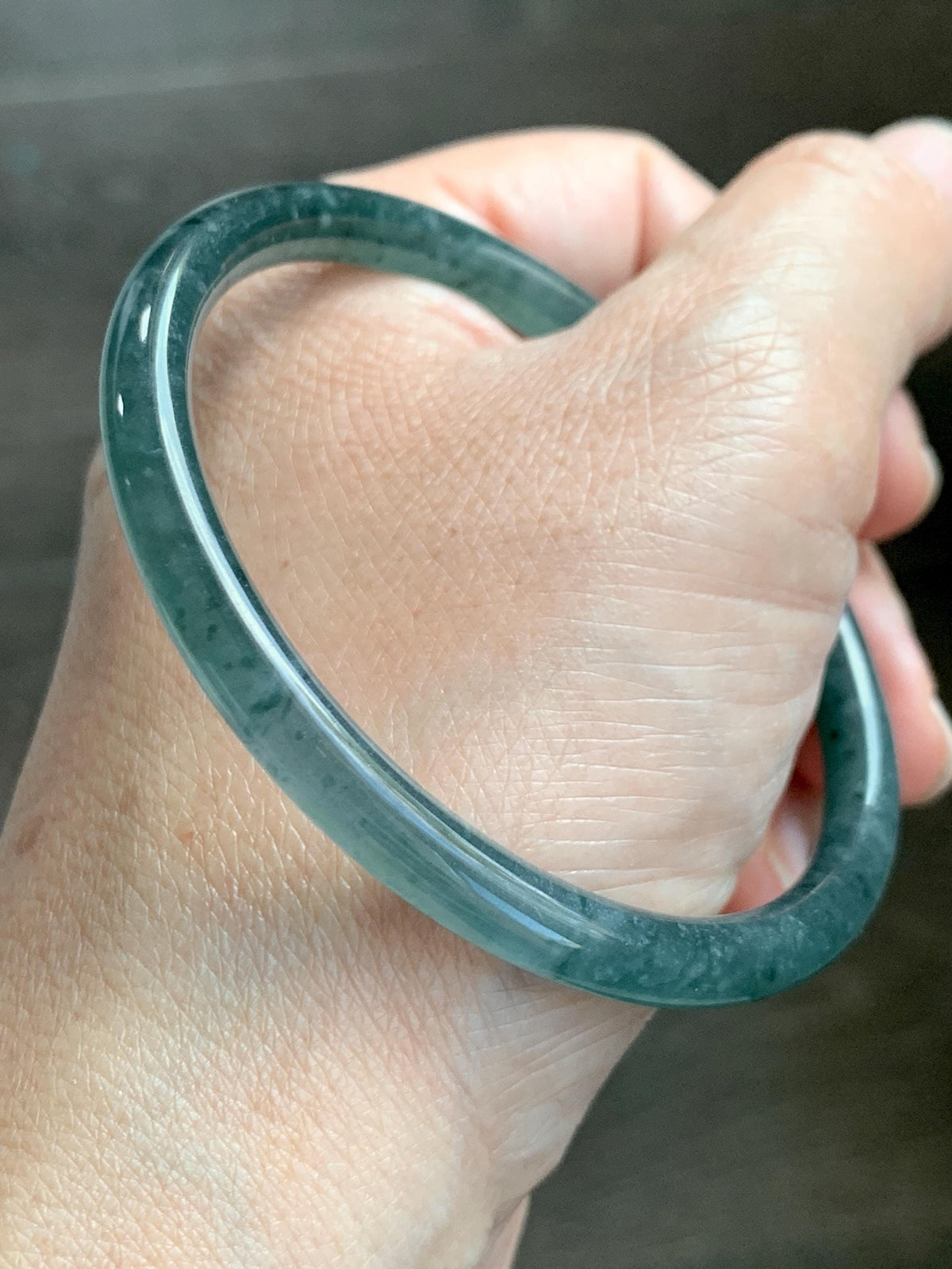 Certified Natural Grade A Guatemalan Icy Translucent Dark Teal Green Jade Jadeite Slim Bangle 58.08mm 7.18” 18.12g 天然冰胶危深蓝绿翡翠细圆条手镯 988
