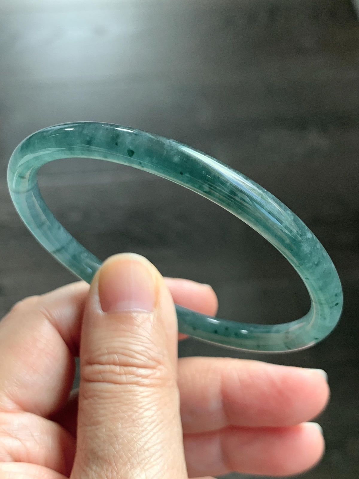 Certified Natural Grade A Guatemalan Icy Translucent Dark Teal Green Jade Jadeite Slim Bangle 58.08mm 7.18” 18.12g 天然冰胶危深蓝绿翡翠细圆条手镯 988