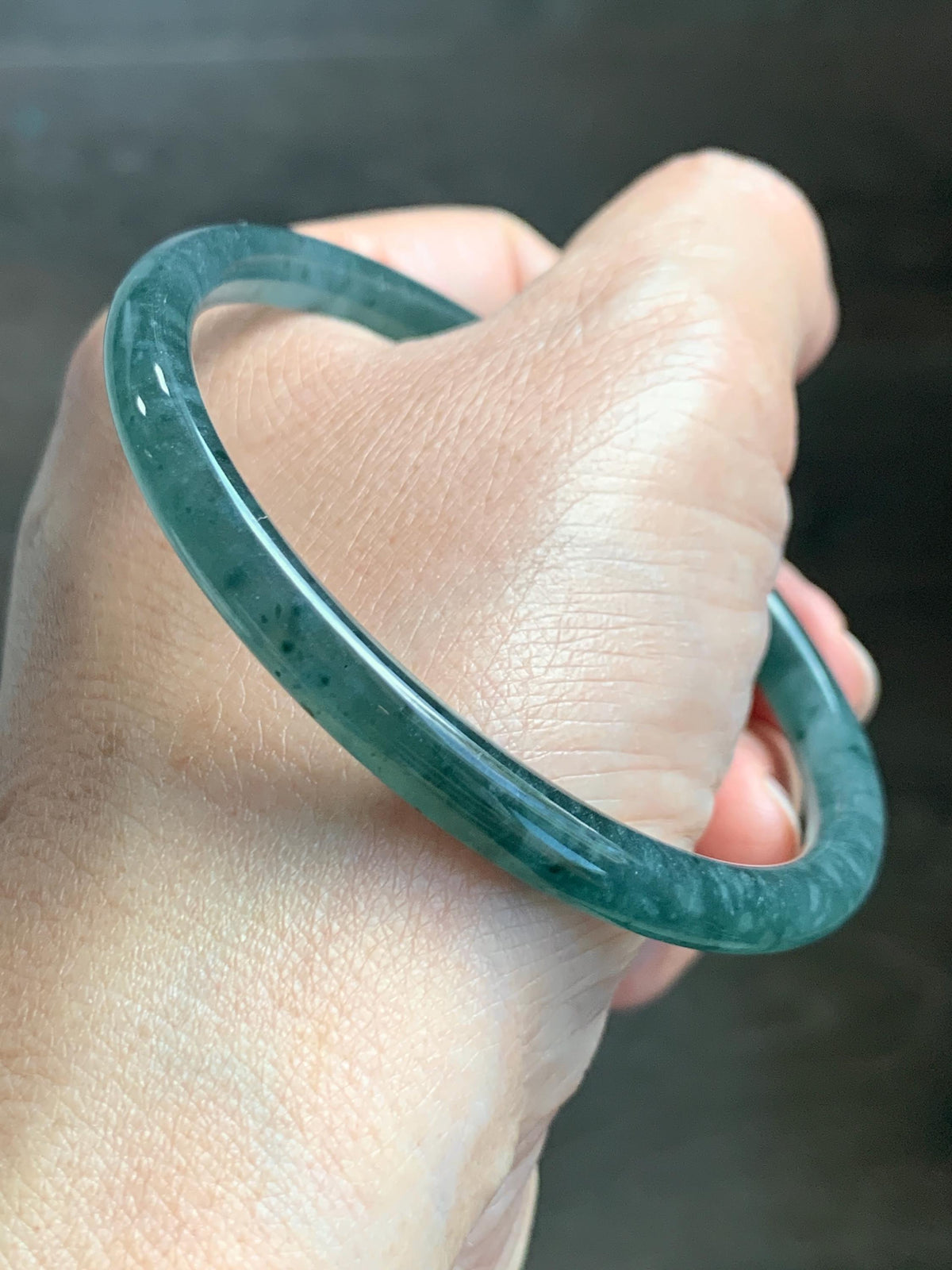 Certified Natural Grade A Guatemalan Icy Translucent Dark Teal Green Jade Jadeite Slim Bangle 58.08mm 7.18” 18.12g 天然冰胶危深蓝绿翡翠细圆条手镯 988