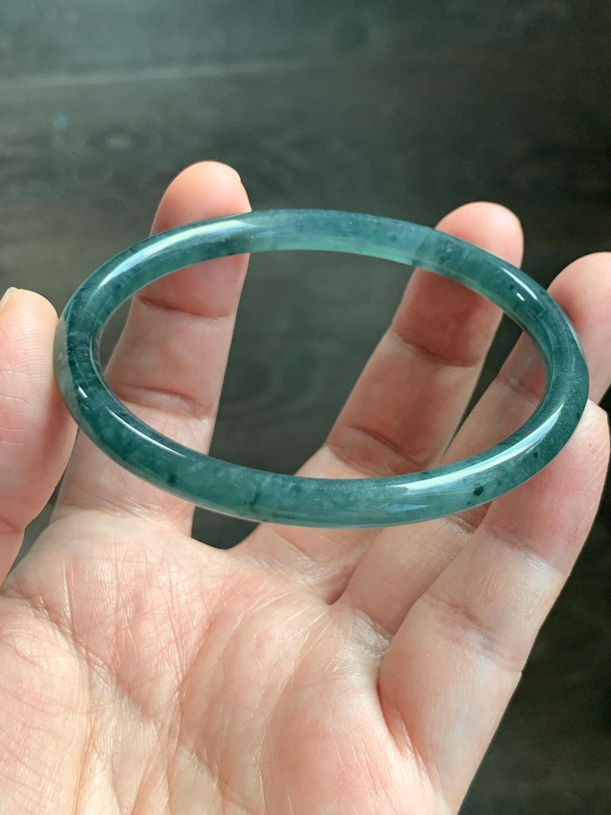 Certified Natural Grade A Guatemalan Icy Translucent Dark Teal Green Jade Jadeite Slim Bangle 58.08mm 7.18” 18.12g 天然冰胶危深蓝绿翡翠细圆条手镯 988