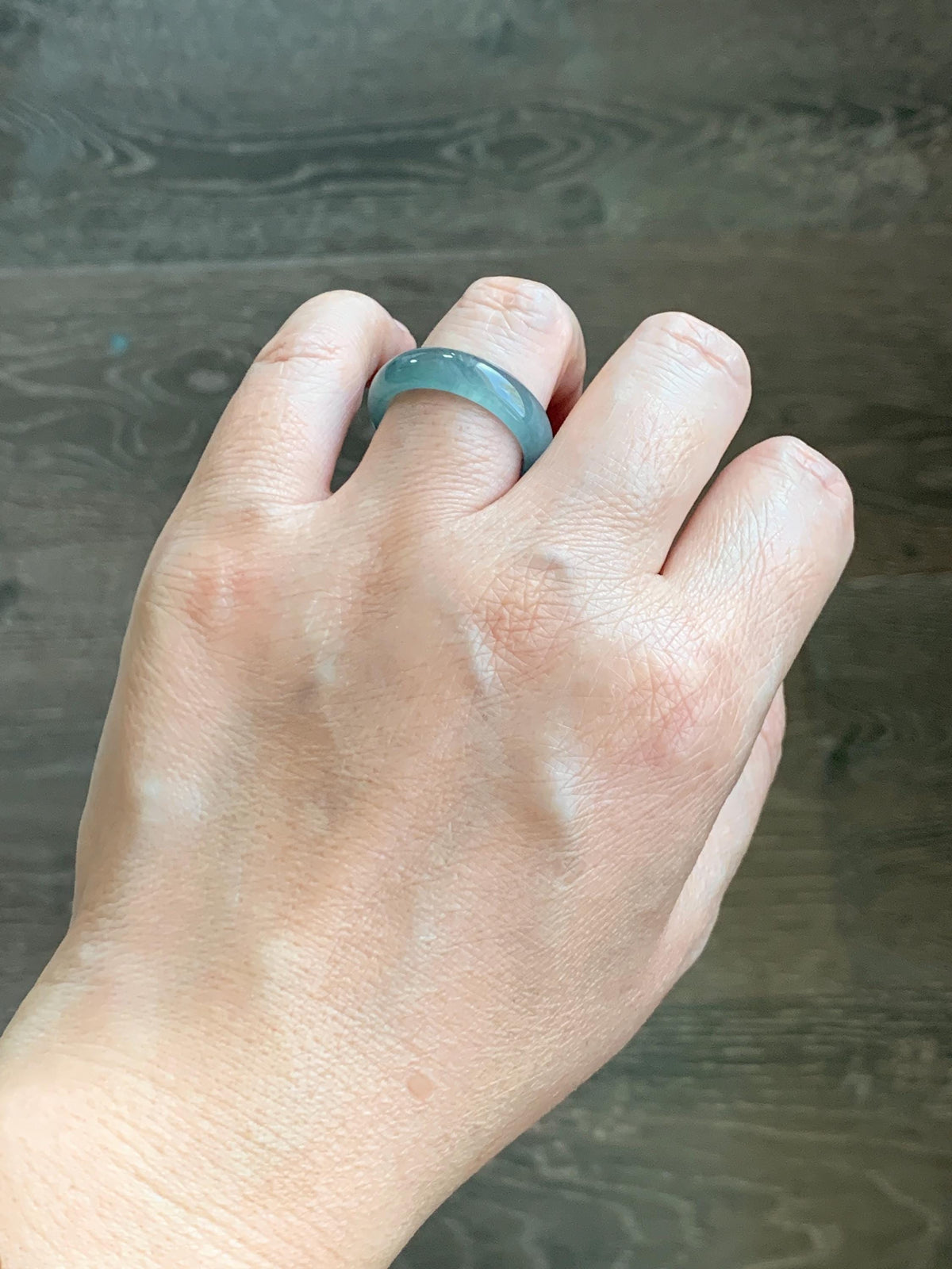 Natural Guatemalan Grade A Icy Translucent Teal Blue Jade Jadeite Jieyang Band Ring Comfort Fit Size 8.25 US 3g 天然冰胶危蓝翡翠揭阳工戒圈 WJY420G