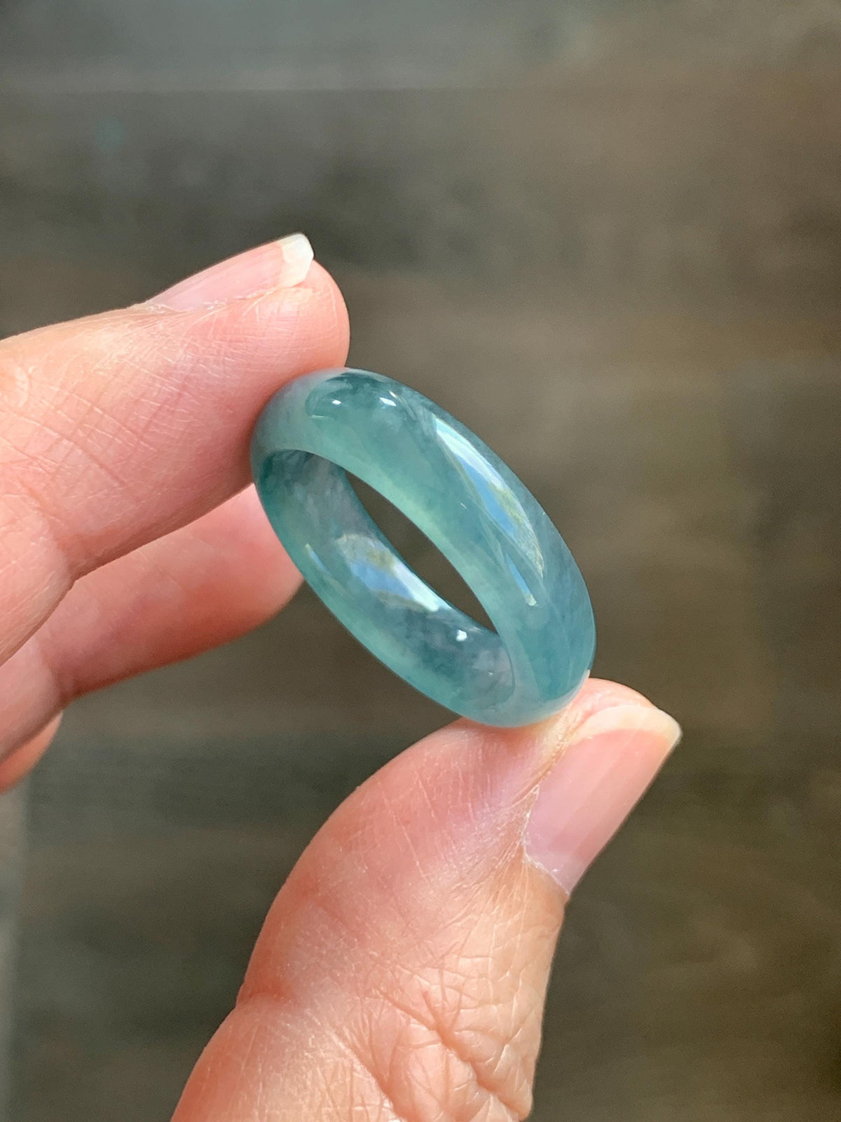Natural Guatemalan Grade A Icy Translucent Teal Blue Jade Jadeite Jieyang Band Ring Comfort Fit Size 8.25 US 3g 天然冰胶危蓝翡翠揭阳工戒圈 WJY420G