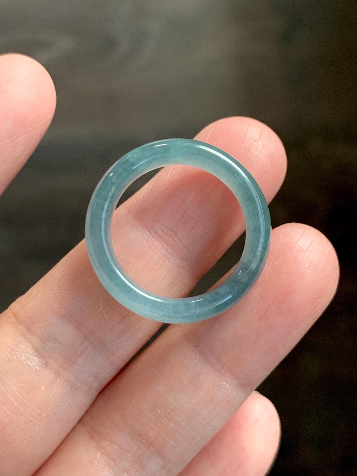 Natural Guatemalan Grade A Icy Translucent Teal Blue Jade Jadeite Jieyang Band Ring Comfort Fit Size 8.25 US 3g 天然冰胶危蓝翡翠揭阳工戒圈 WJY420G