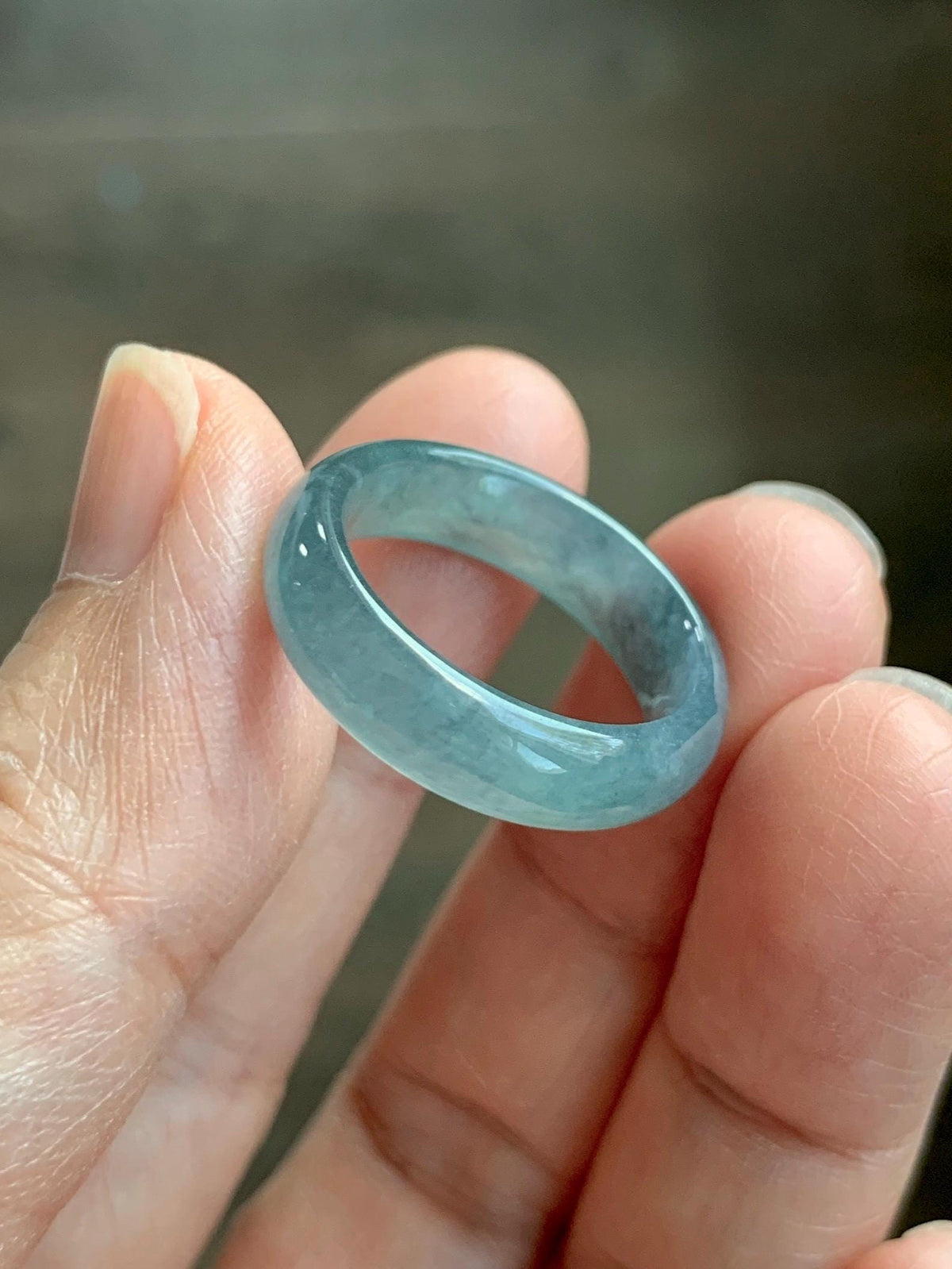 Natural Guatemalan Grade A Icy Translucent Teal Blue Jade Jadeite Jieyang Band Ring Comfort Fit Size 6.75 US 3g 天然冰胶危蓝翡翠揭阳工戒圈 WJY420D