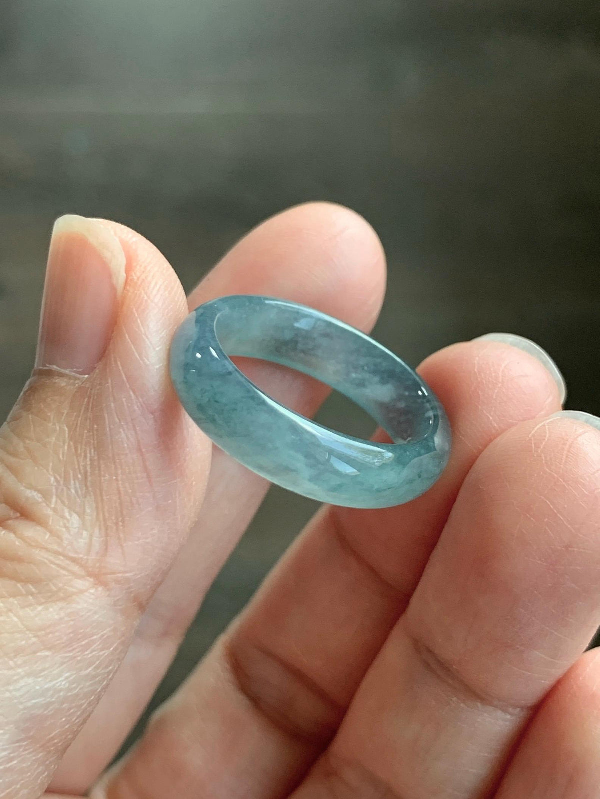 Natural Guatemalan Grade A Icy Translucent Teal Blue Jade Jadeite Jieyang Band Ring Comfort Fit Size 6.75 US 3g 天然冰胶危蓝翡翠揭阳工戒圈 WJY420D