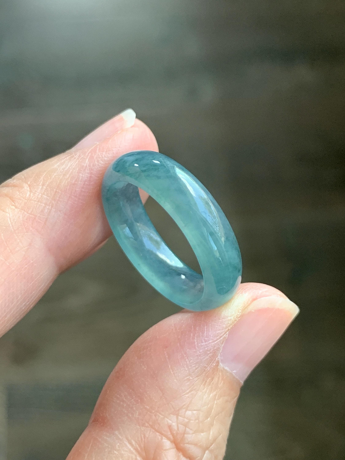 Natural Guatemalan Grade A Icy Translucent Teal Blue Jade Jadeite Jieyang Band Ring Comfort Fit Size 6.75 US 3g 天然冰胶危蓝翡翠揭阳工戒圈 WJY420D