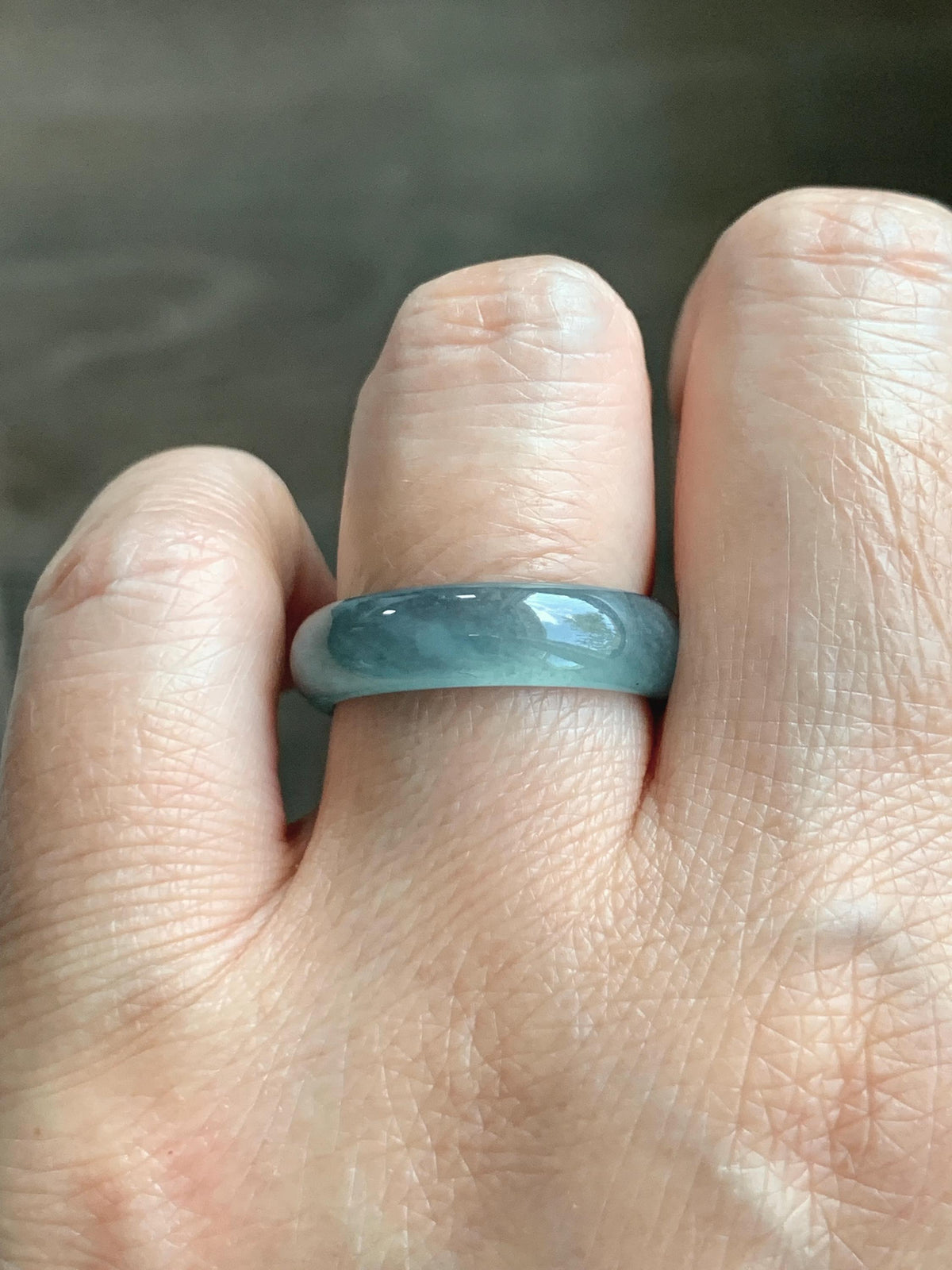 Natural Guatemalan Grade A Icy Translucent Teal Blue Jade Jadeite Jieyang Band Ring Comfort Fit Size 6.75 US 3g 天然冰胶危蓝翡翠揭阳工戒圈 WJY420D
