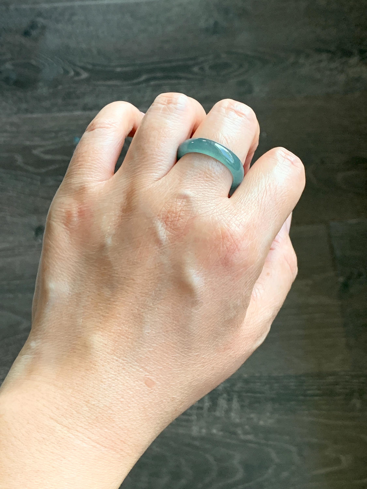 Natural Guatemalan Grade A Icy Translucent Teal Blue Jade Jadeite Jieyang Band Ring Comfort Fit Size 9.25 US 4g 天然冰胶危蓝翡翠揭阳工戒圈 WJY420A