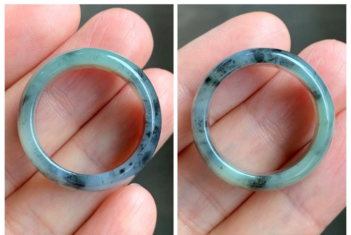 Natural Grade A Icy Translucent Light Gray Wuji & Pastel Green Marbled Jade Jadeite Wide Band Ring Size 10.25 US 5g 天然冰乌鸡绿翡翠戒圈 MWL66