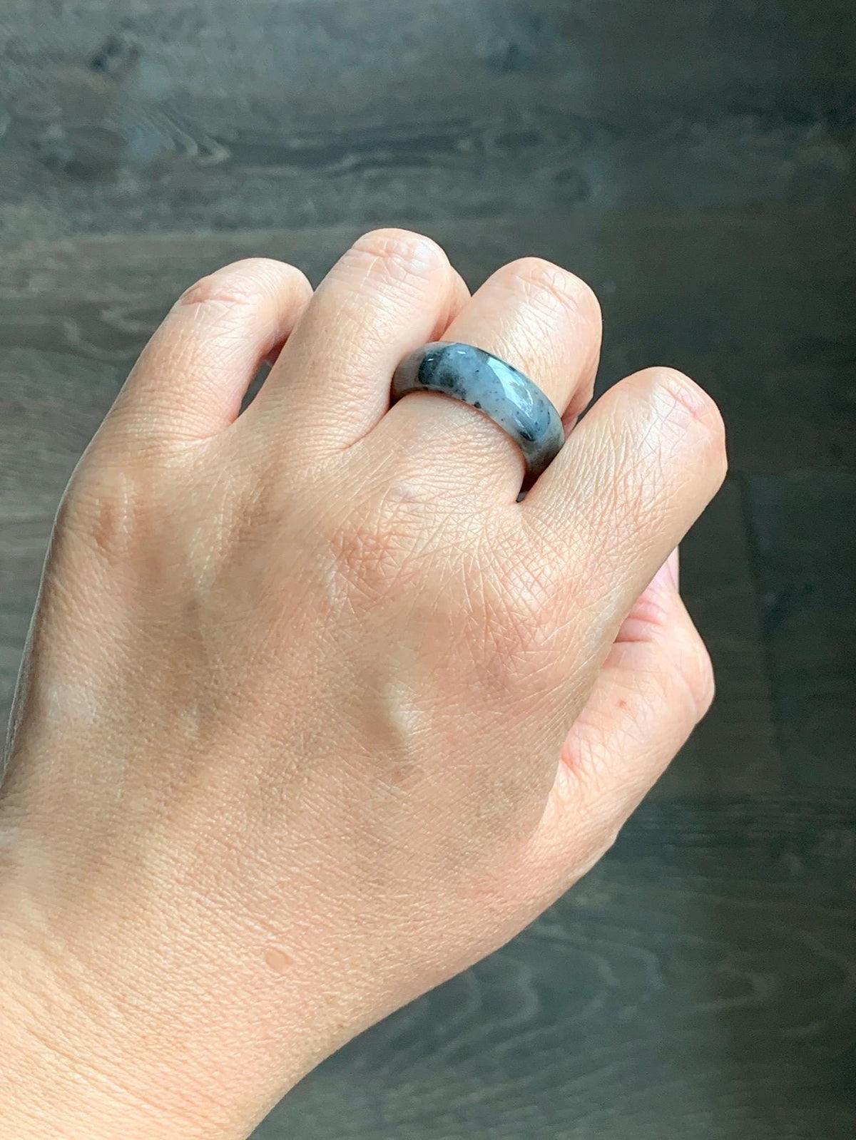 Natural Grade A Icy Translucent Light Gray Wuji & Pastel Green Marbled Jade Jadeite Wide Band Ring Size 10.25 US 5g 天然冰乌鸡绿翡翠戒圈 MWL66