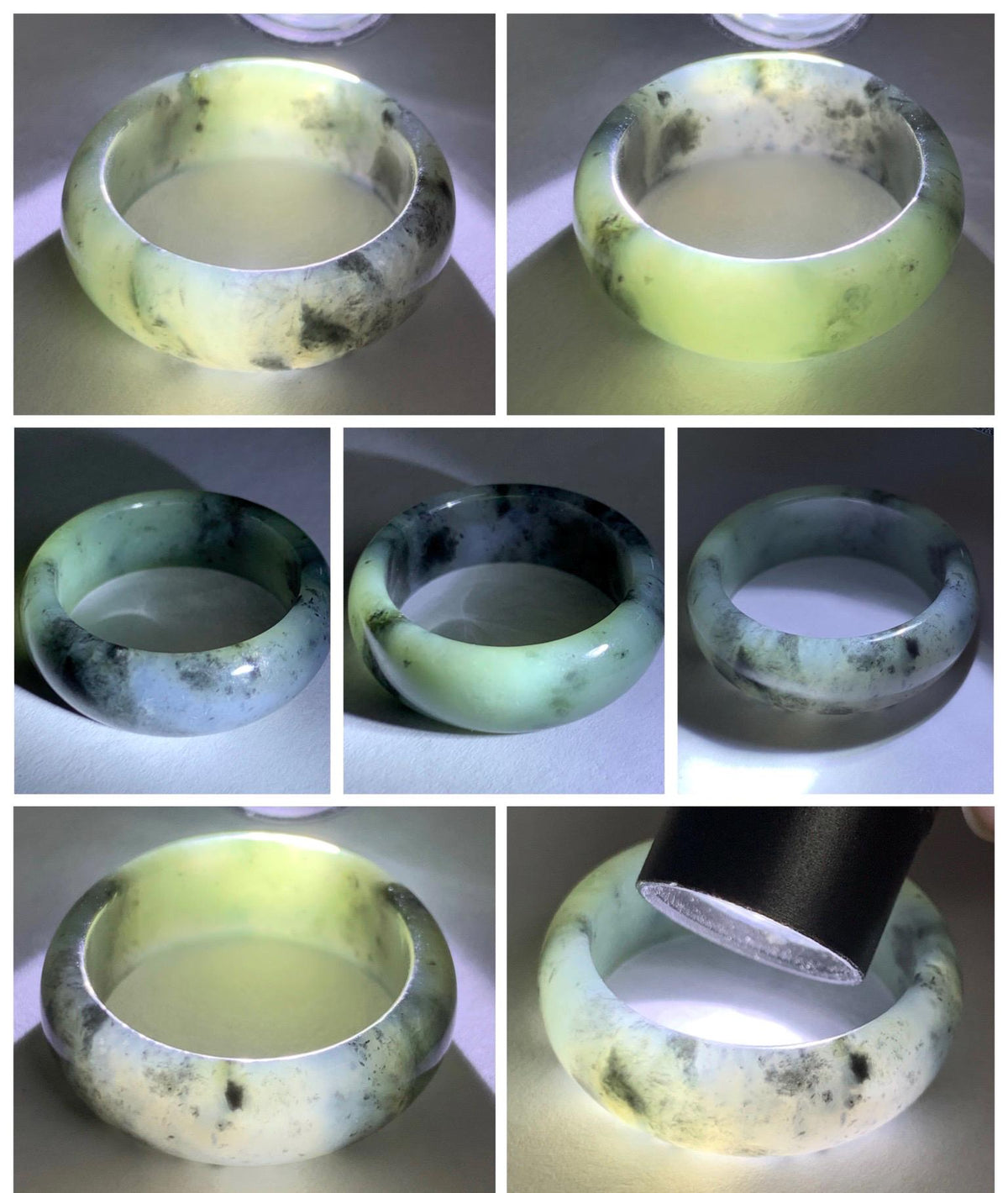 Natural Grade A Icy Translucent Light Gray Wuji & Pastel Green Marbled Jade Jadeite Wide Band Ring Size 10.25 US 5g 天然冰乌鸡绿翡翠戒圈 MWL66