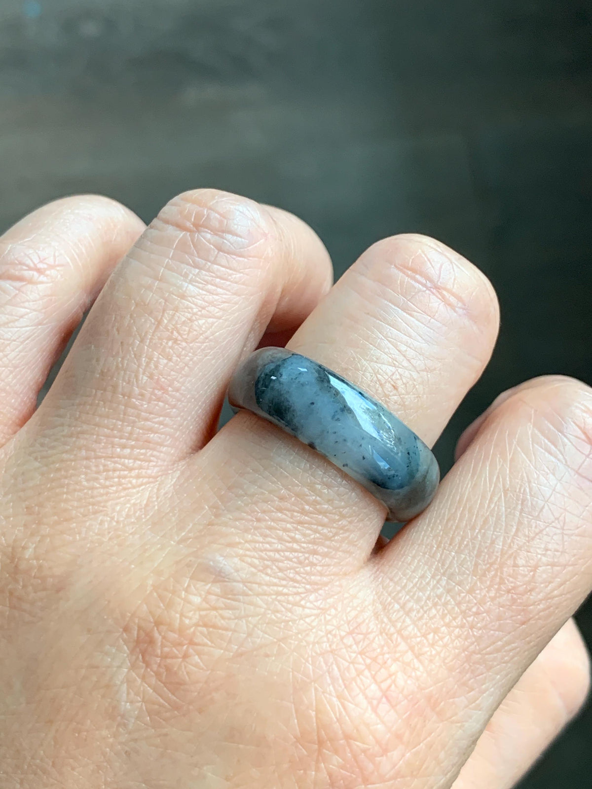 Natural Grade A Icy Translucent Light Gray Wuji & Pastel Green Marbled Jade Jadeite Wide Band Ring Size 10.25 US 5g 天然冰乌鸡绿翡翠戒圈 MWL66