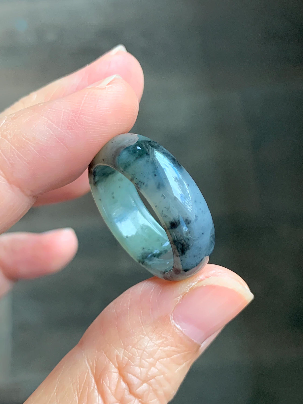 Natural Grade A Icy Translucent Light Gray Wuji & Pastel Green Marbled Jade Jadeite Wide Band Ring Size 10.25 US 5g 天然冰乌鸡绿翡翠戒圈 MWL66