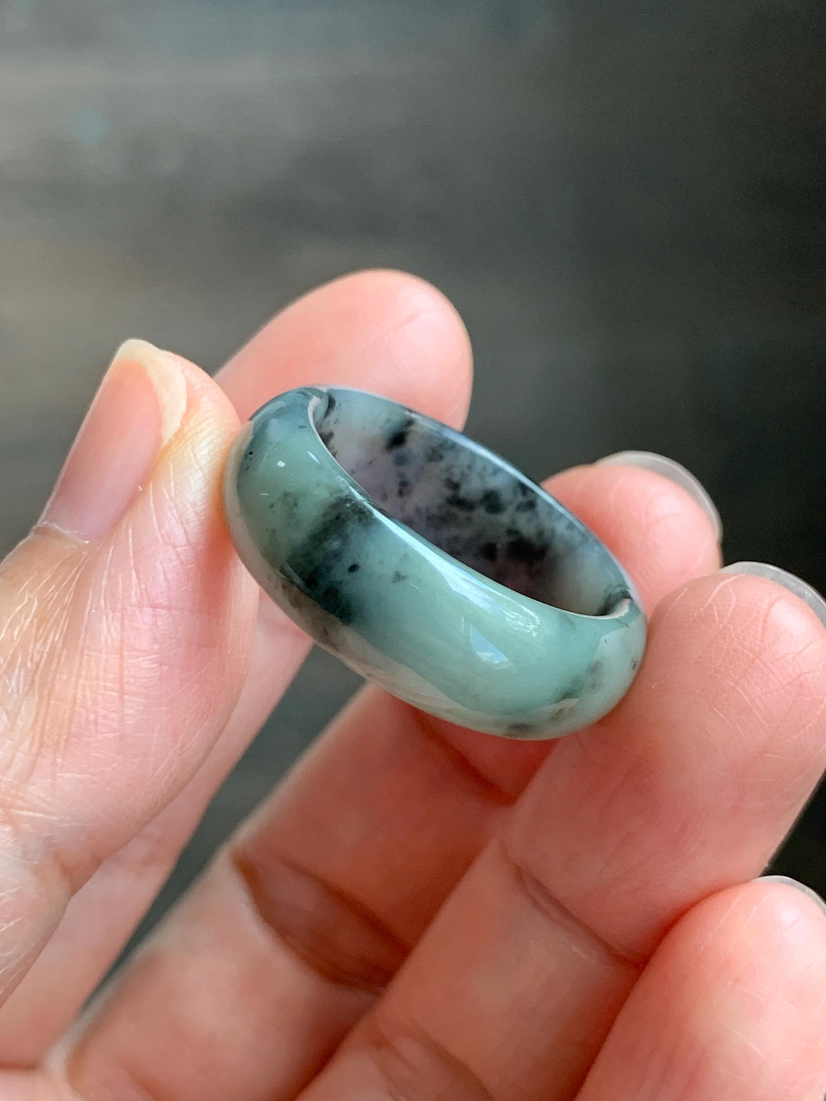 Natural Grade A Icy Translucent Light Gray Wuji & Pastel Green Marbled Jade Jadeite Wide Band Ring Size 10.25 US 5g 天然冰乌鸡绿翡翠戒圈 MWL66