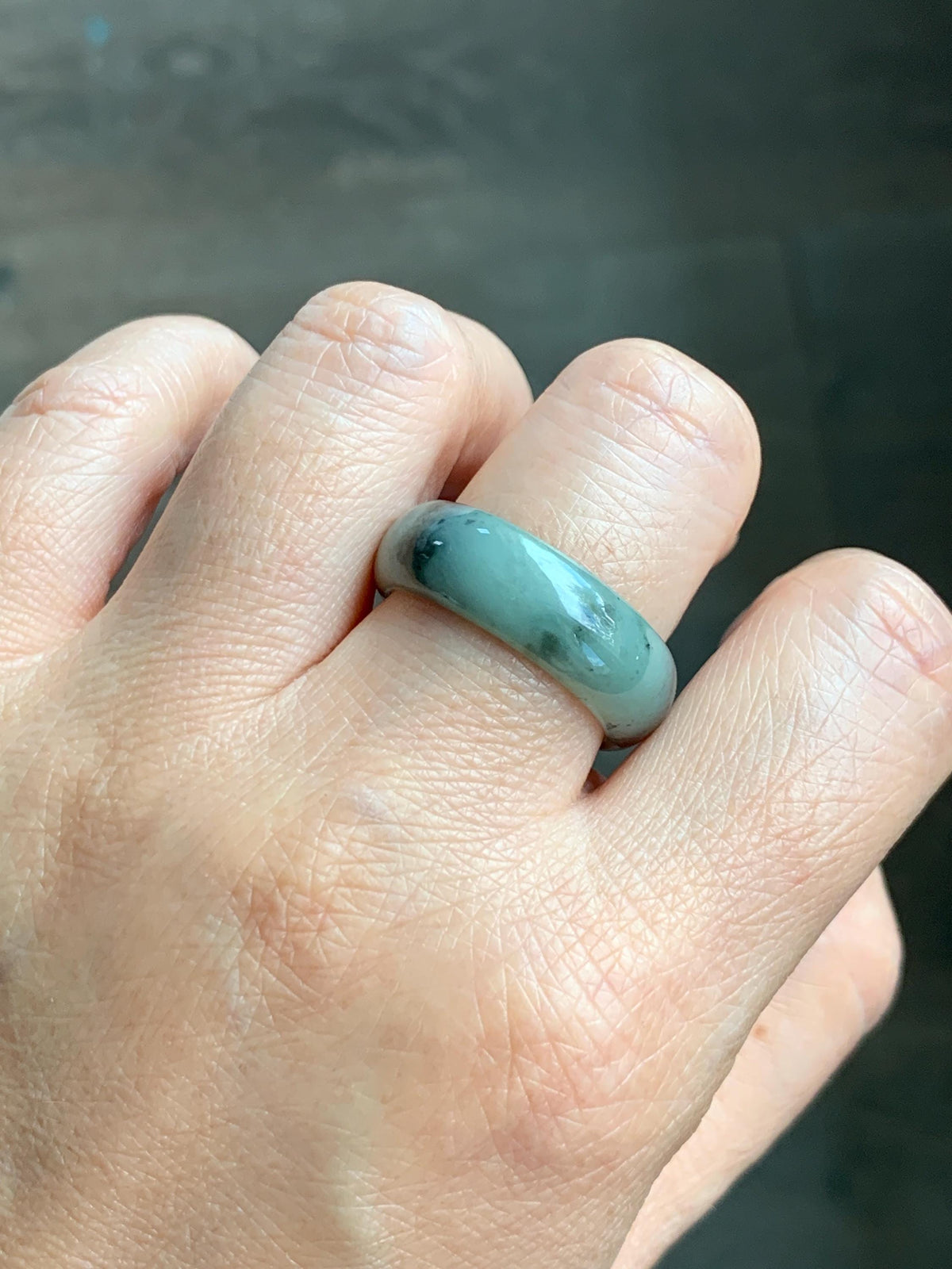 Natural Grade A Icy Translucent Light Gray Wuji & Pastel Green Marbled Jade Jadeite Wide Band Ring Size 10.25 US 5g 天然冰乌鸡绿翡翠戒圈 MWL66